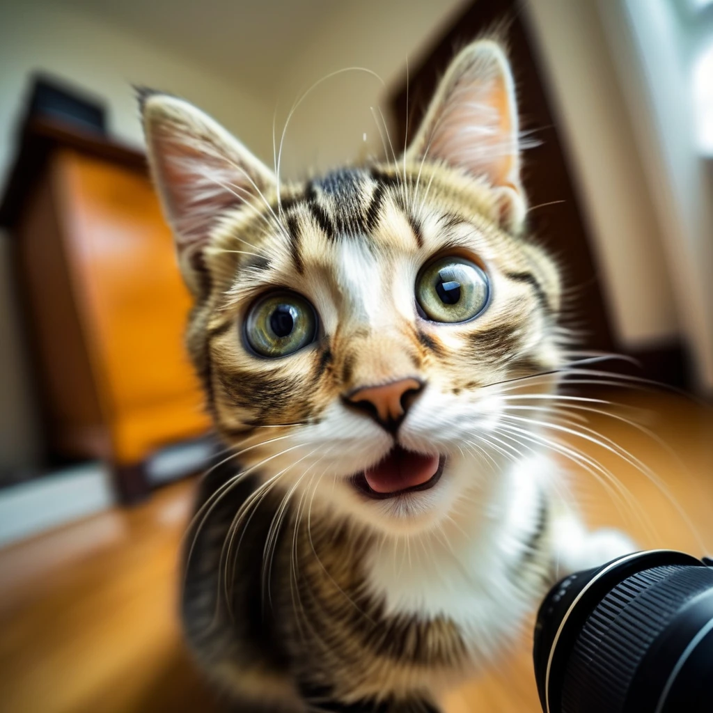 Kitten taking a selfie at home, Fisheye effect style, What's that？, stare, hidden object pictures, Tilt Shift,