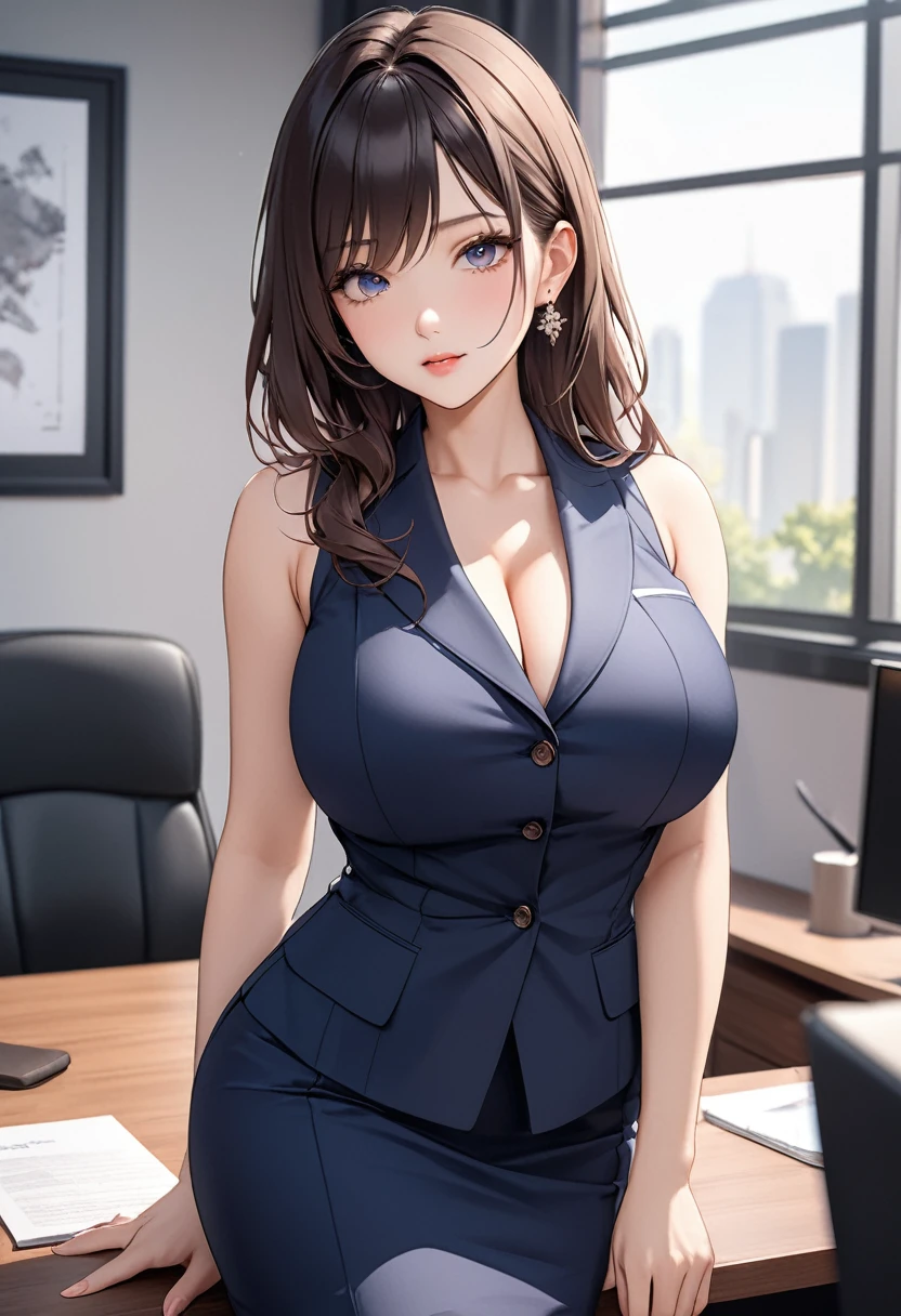 (((masterpiece))),(((High resolution)))、(((8K quality)))、(((perfect face)))、(((Beautiful office woman))), ((sleeveless)), tights, skirt, look at the camera, ((top quality eyes)), detailed face, (detailed texture), look at the camera, big huge breasts