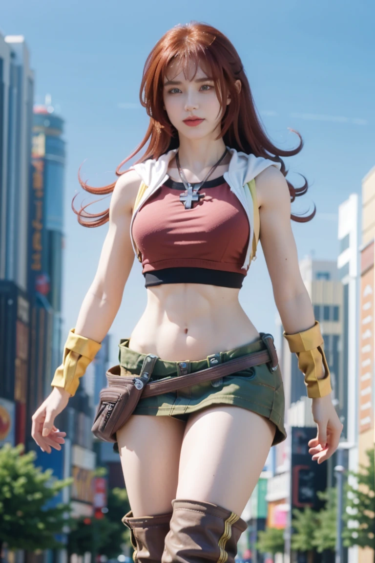 redhaired girl as a superheroine, straight redhaired, bangs, skirt, super powerful, pink eyes, midriff, riding boots, white socks, toned arms, toned abs, tall and sexy, powerful, superb face, perfect body, tall, happy, smug, large chest, choker collar, 20yo, toned abs, evil smirk, 20yo, gts