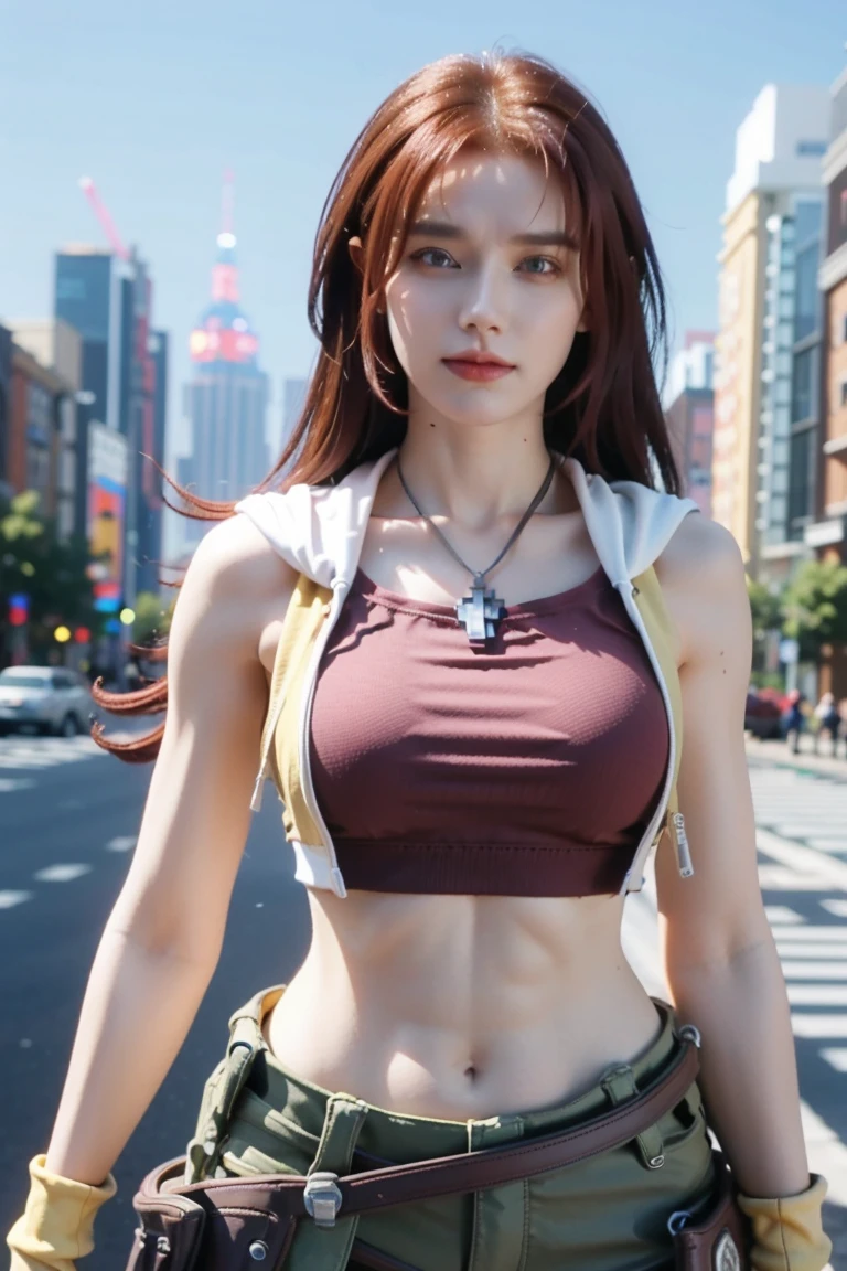 redhaired girl as a superheroine, straight redhaired, bangs, skirt,  super powerful, pink eyes, midriff, riding boots, white socks, toned arms, toned abs, tall and sexy, powerful, superb face, perfect body, tall, happy, smug, large chest, choker collar, 20yo, toned abs, evil smirk, 20yo, gts