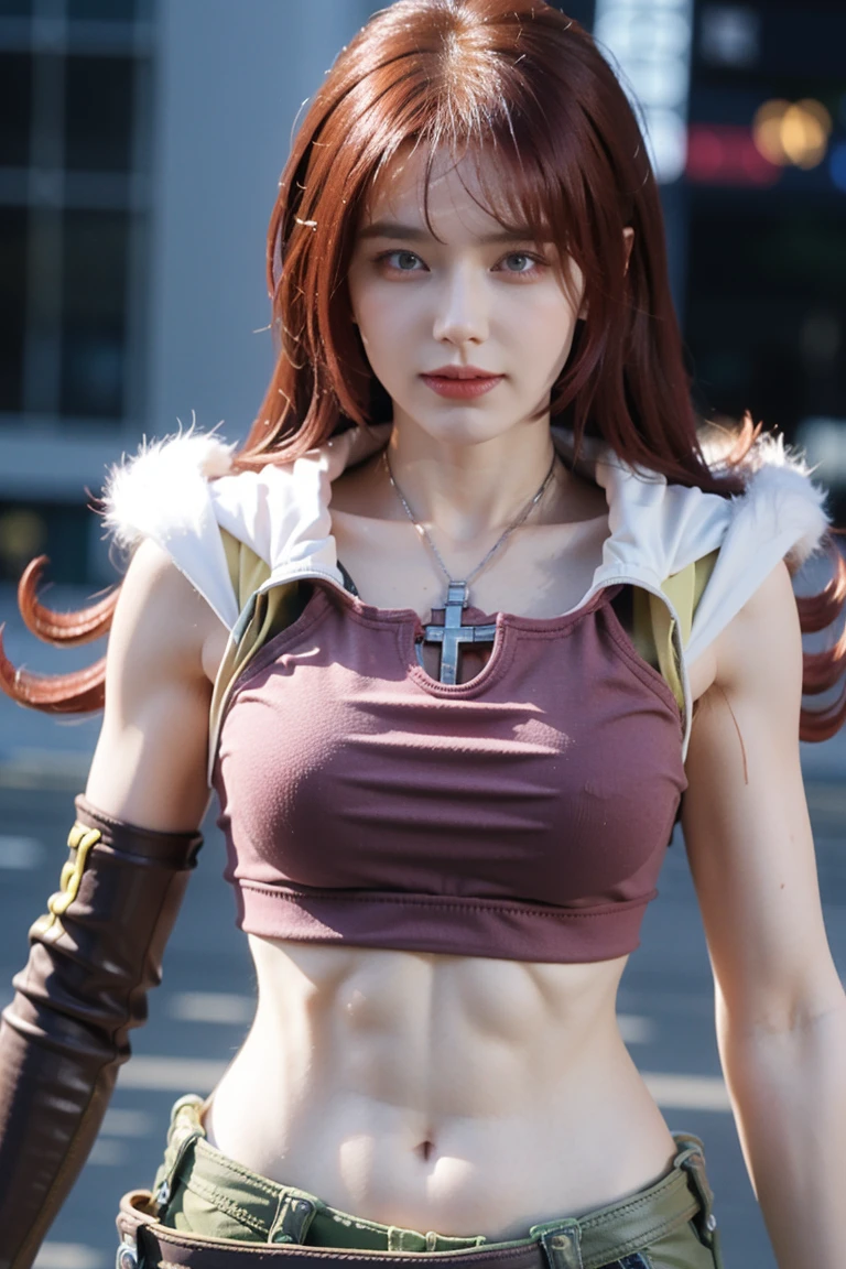 redhaired girl as a superheroine, straight redhaired, bangs, skirt,  super powerful, pink eyes, midriff, riding boots, white socks, toned arms, toned abs, tall and sexy, powerful, superb face, perfect body, tall, happy, smug, large chest, choker collar, 20yo, toned abs, evil smirk, 20yo, gts