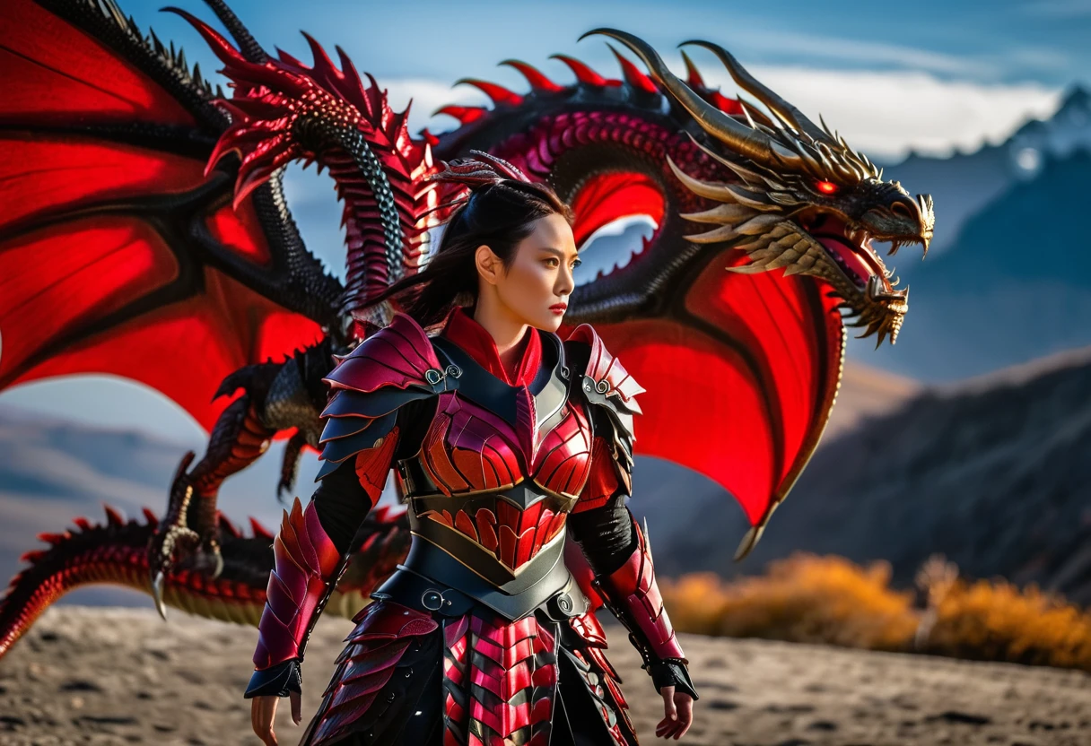 Cinematic, A fierce warrior woman stands before you, clad in a stunning red tech dragon armor is radiating tech energy . the armor is covering her whole body . The intricate armor is a mix of red and black, with bold red stripes that seem to pulsate with the dragon's magic. Her realistic appearance only adds to her awe-inspiring presence. Shot on a Sony Alpha A7 III camera with a Zeiss Batis lens at 85mm focal length and f/2.0 aperture, hyper realistic.xianxia