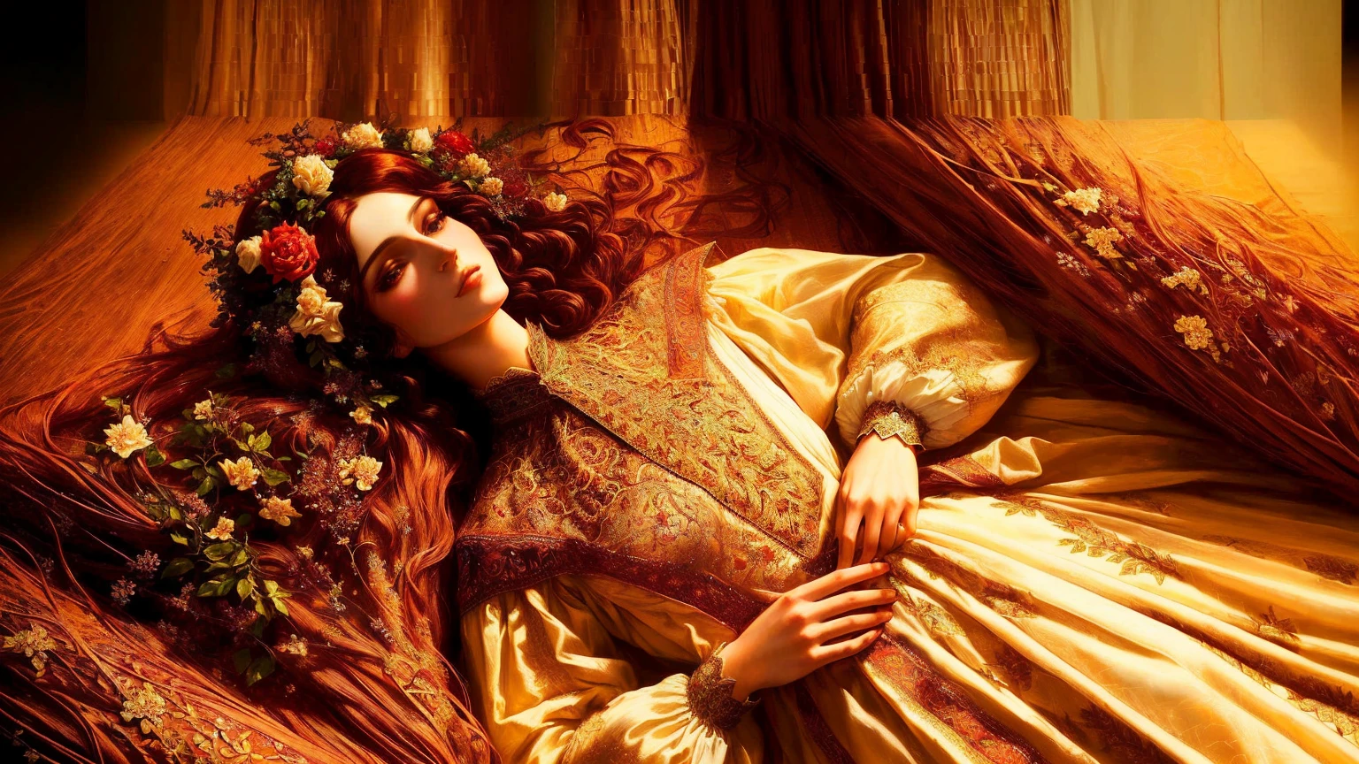 mulher arafa deitada em uma cama com um ramo de flores secas, renascentista outonal, beautiful languid princess, em estilo alto renascentista, Bela Adormecida fairytale, em uma mistura de estilo de botticelli, imperatriz outonal, em estilo renascentista, Pre-Raphaelite style, vestido colorido renascentista, inspirado em Georges de La Tour, Bela Adormecida, inspirado em Viktor Vasnetsov