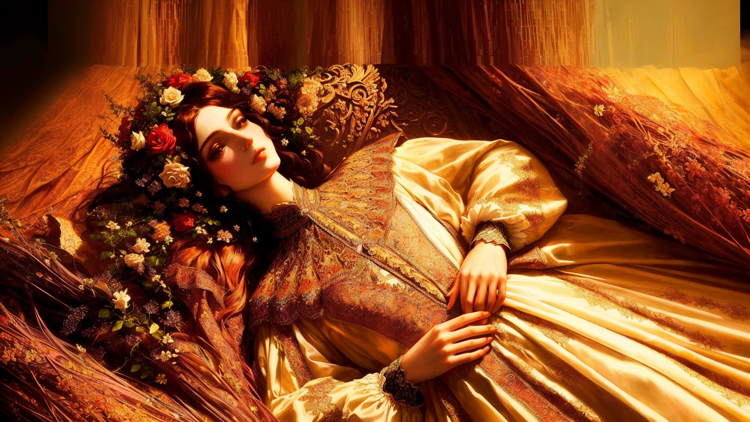 mulher arafa deitada em uma cama com um ramo de flores secas, renascentista outonal, beautiful languid princess, em estilo alto renascentista, Bela Adormecida fairytale, em uma mistura de estilo de botticelli, imperatriz outonal, em estilo renascentista, Pre-Raphaelite style, vestido colorido renascentista, inspirado em Georges de La Tour, Bela Adormecida, inspirado em Viktor Vasnetsov