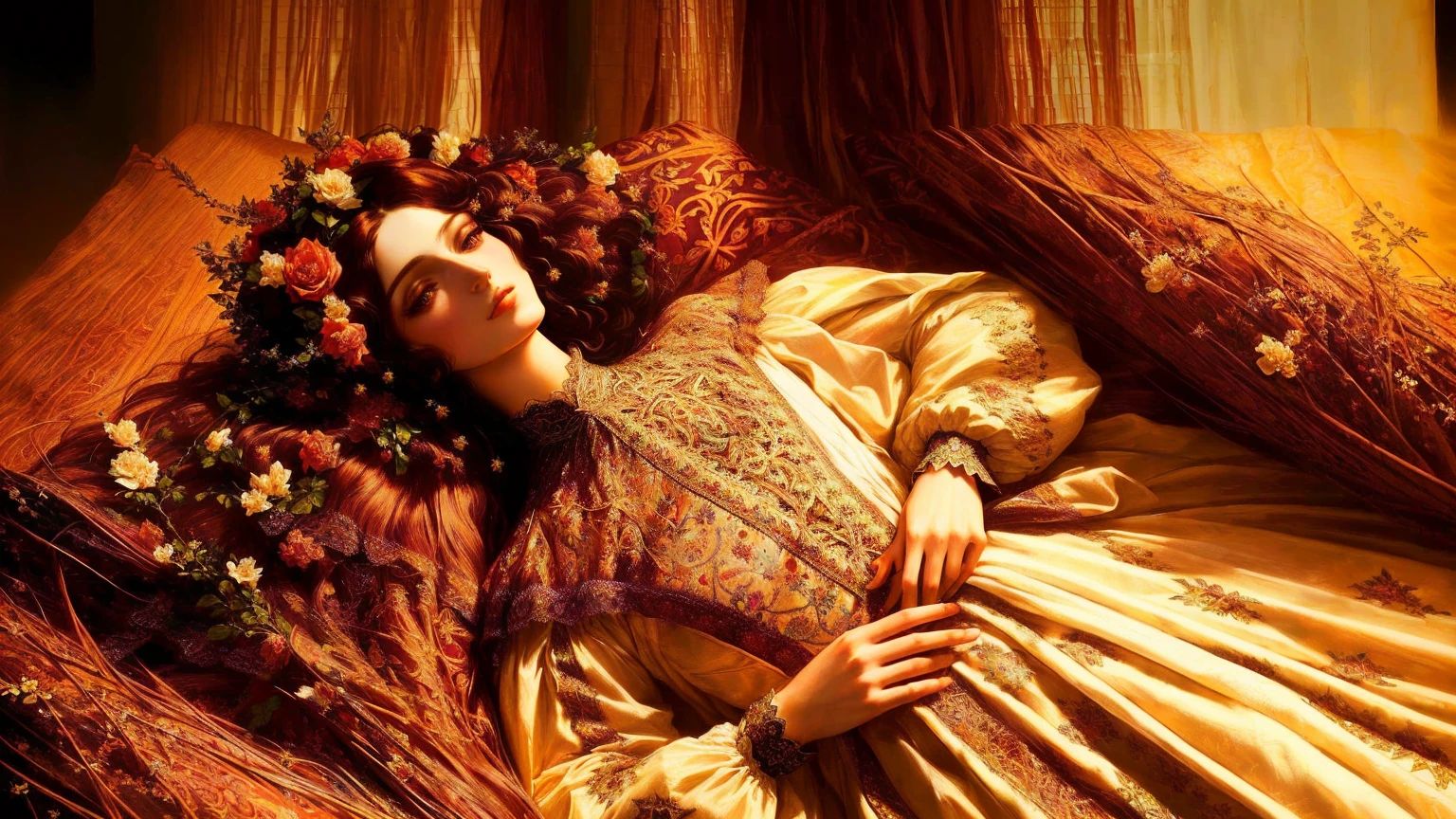 mulher arafa deitada em uma cama com um ramo de flores secas, renascentista outonal, beautiful languid princess, em estilo alto renascentista, Bela Adormecida fairytale, em uma mistura de estilo de botticelli, imperatriz outonal, em estilo renascentista, Pre-Raphaelite style, vestido colorido renascentista, inspirado em Georges de La Tour, Bela Adormecida, inspirado em Viktor Vasnetsov