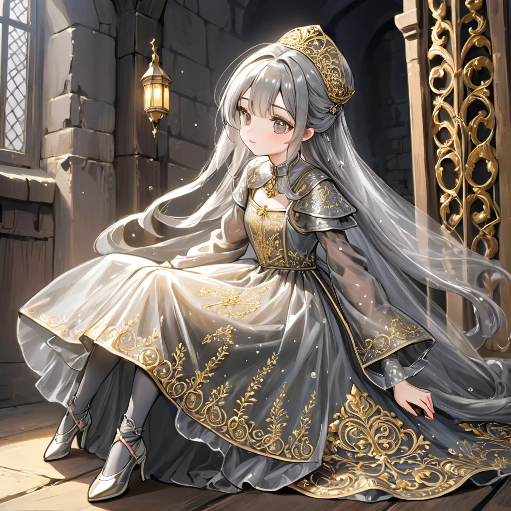girl, Gold and silver embroidery, Platinum and pearl medieval long dress(With panniers), Translucent fabric, Pull up the dress by hand, Strong winds, Translucent slip, Grey translucent tights, Peeking from below, Highest quality, Disorder of clothing, sit
