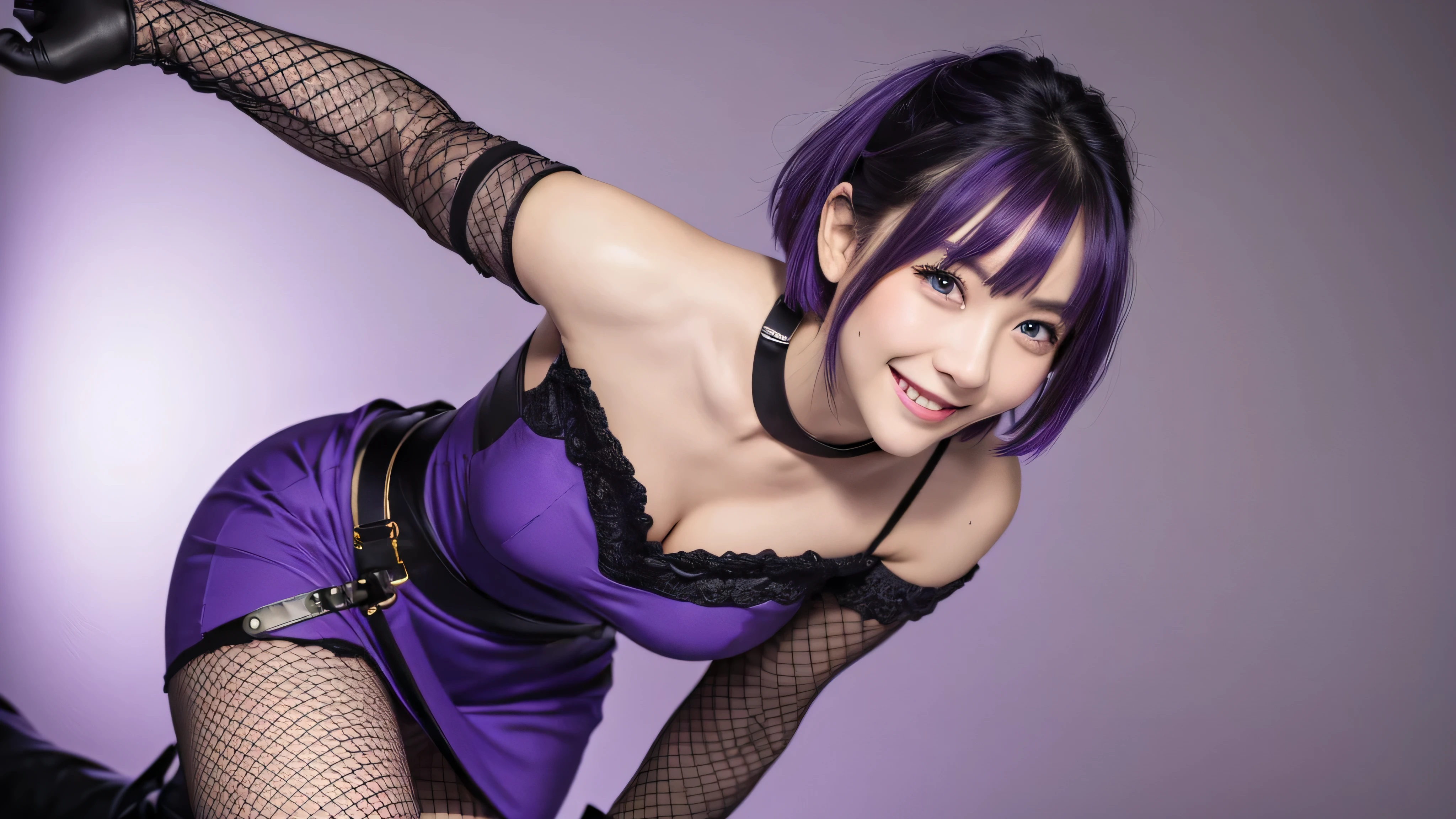 masterpiece、Highest quality、Female 1 person、solo、Standing with a smile、Side angle、profile、Purple Short Hair、blue eyes、Black choker、Arm Strap、Armlet、Black Dress、Halter Dress、belt、No sleeve、one glove、Thigh straps、、Medieval village、smile、Purple Short Hair、Look forward、Fishnet tights、boots、Toes
