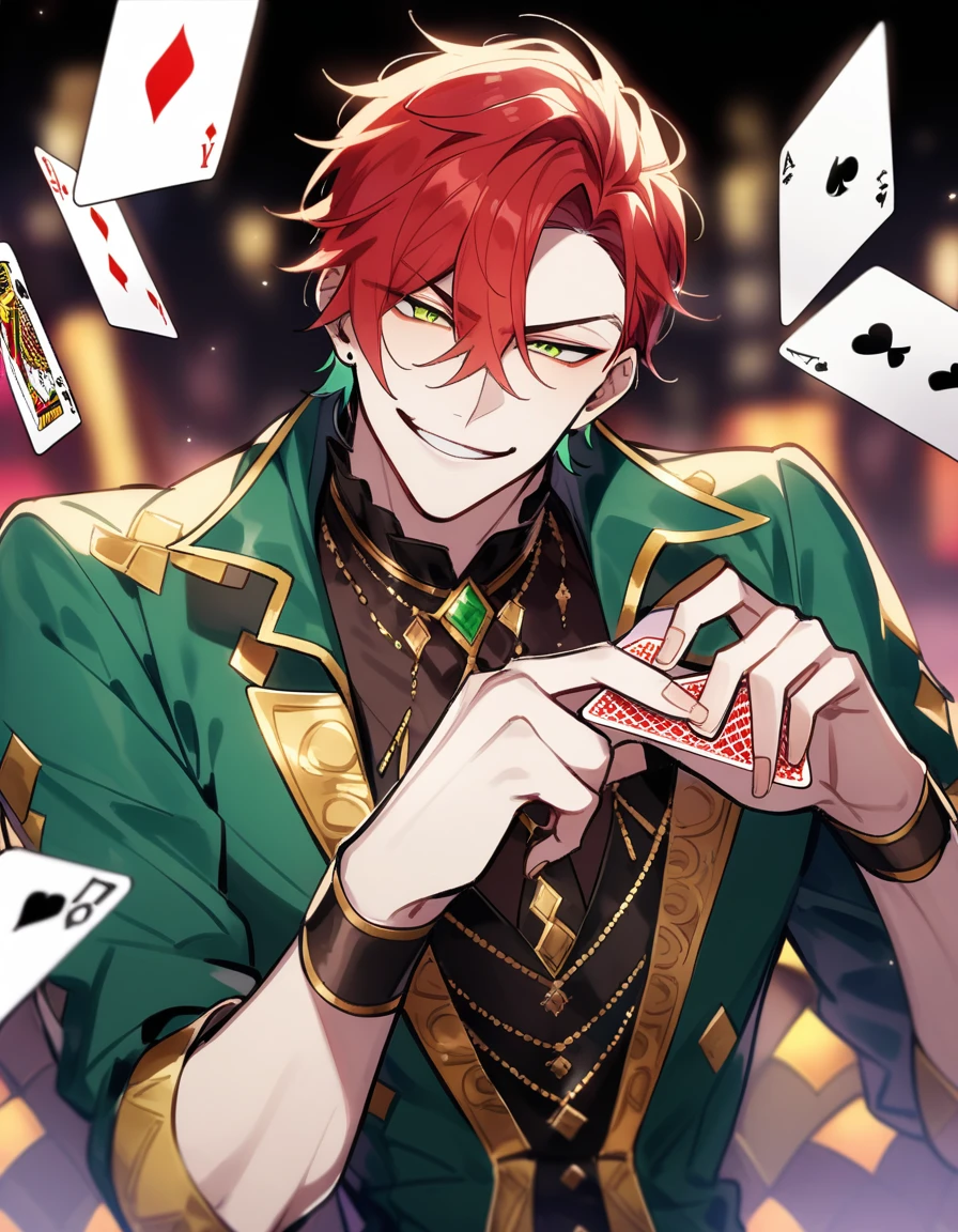 Male young man in his mid 20's, red hair, pale skin, cunning smile, fancy clothes, gambler, vegas inspired, cards on his hand, poker player, las vegas inspired, cyberpunk las vegas, gold details, flamboyant and extravagant, short hair, handsome, bishonen, smug, sassy, yellow-green eyes