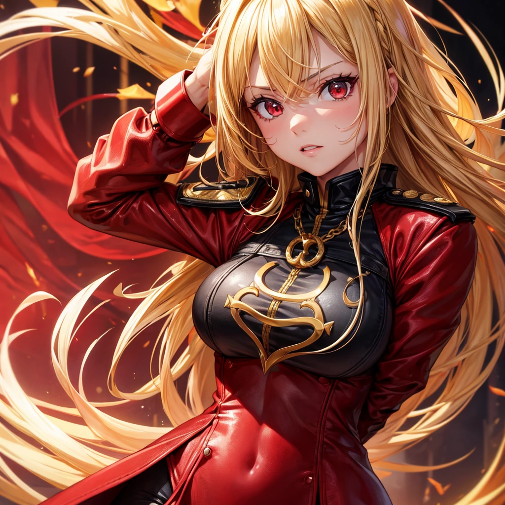 High quality, HD, 4k, Beautiful girl, ager, blonde hair, gold hair, red eyes, serious, medium breast, red dress, black leather uniform, looking at viewer, upper body