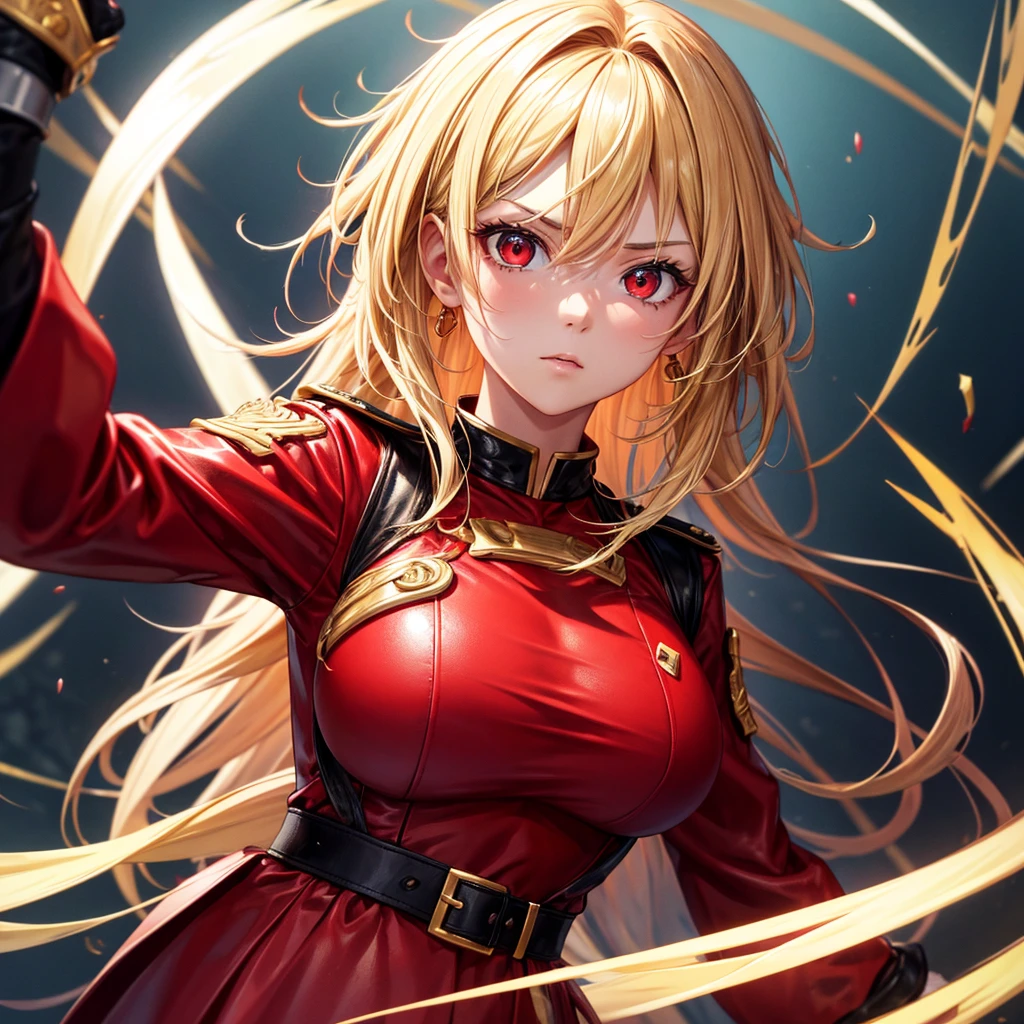 High quality, HD, 4k, Beautiful girl, teenager, blonde hair, gold hair, red eyes, serious, medium breast, red dress, black leather uniform, looking at viewer, upper body