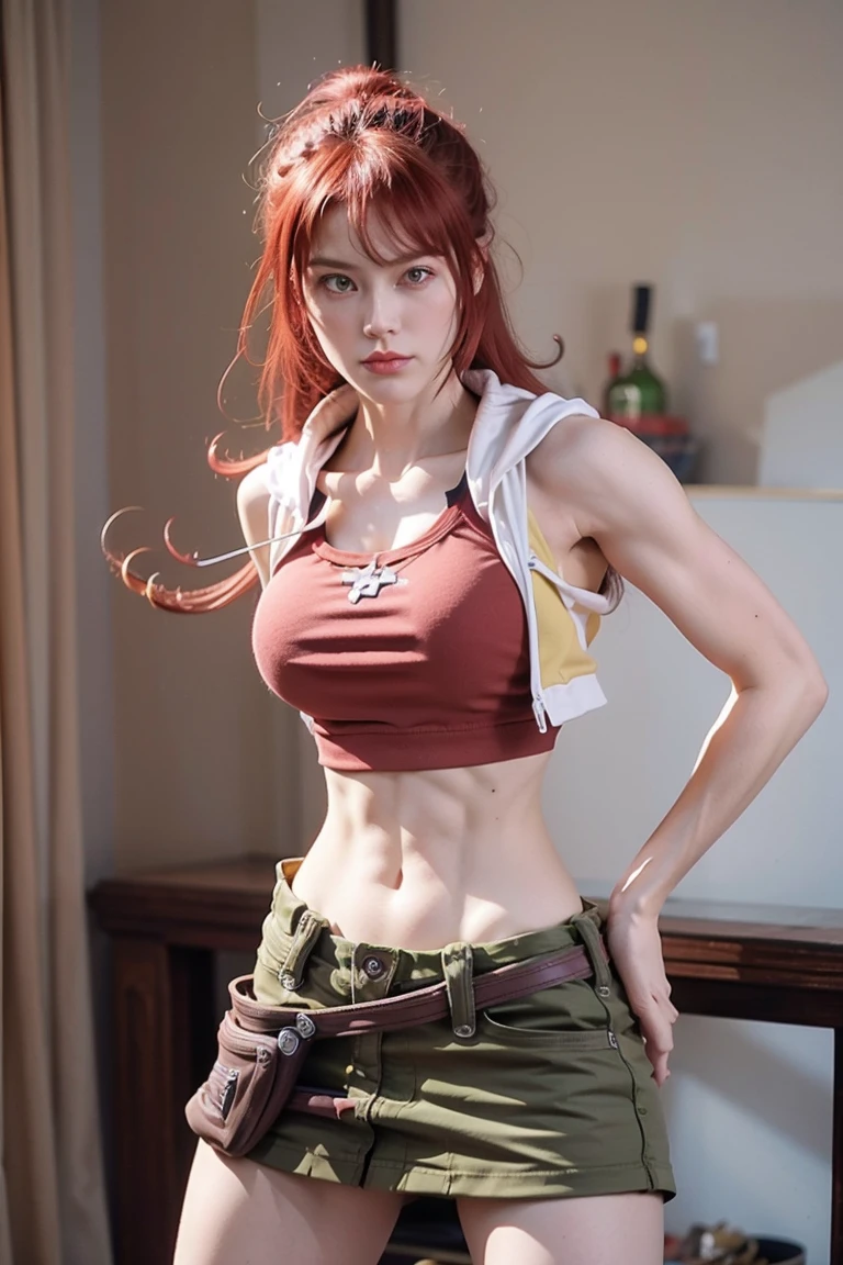 redhaired girl as a superheroine, straight redhaired, bangs, skirt,  super powerful, pink eyes, midriff, riding boots, white socks, toned arms, toned abs, tall and sexy, powerful, superb face, perfect body, tall, happy, smug, large chest, choker collar, 20yo, toned abs, evil smirk, 20yo