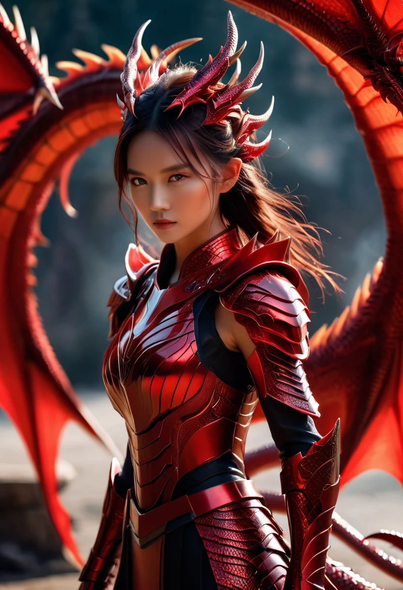 Cinematic, A fierce warrior woman stands before you, clad in a stunning red tech dragon armor is radiating tech energy . the armor is covering her whole body . The intricate armor is a mix of red and black, with bold red stripes that seem to pulsate with the dragon's magic. Her realistic appearance only adds to her awe-inspiring presence. Shot on a Sony Alpha A7 III camera with a Zeiss Batis lens at 85mm focal length and f/2.0 aperture, hyper realistic.xianxia