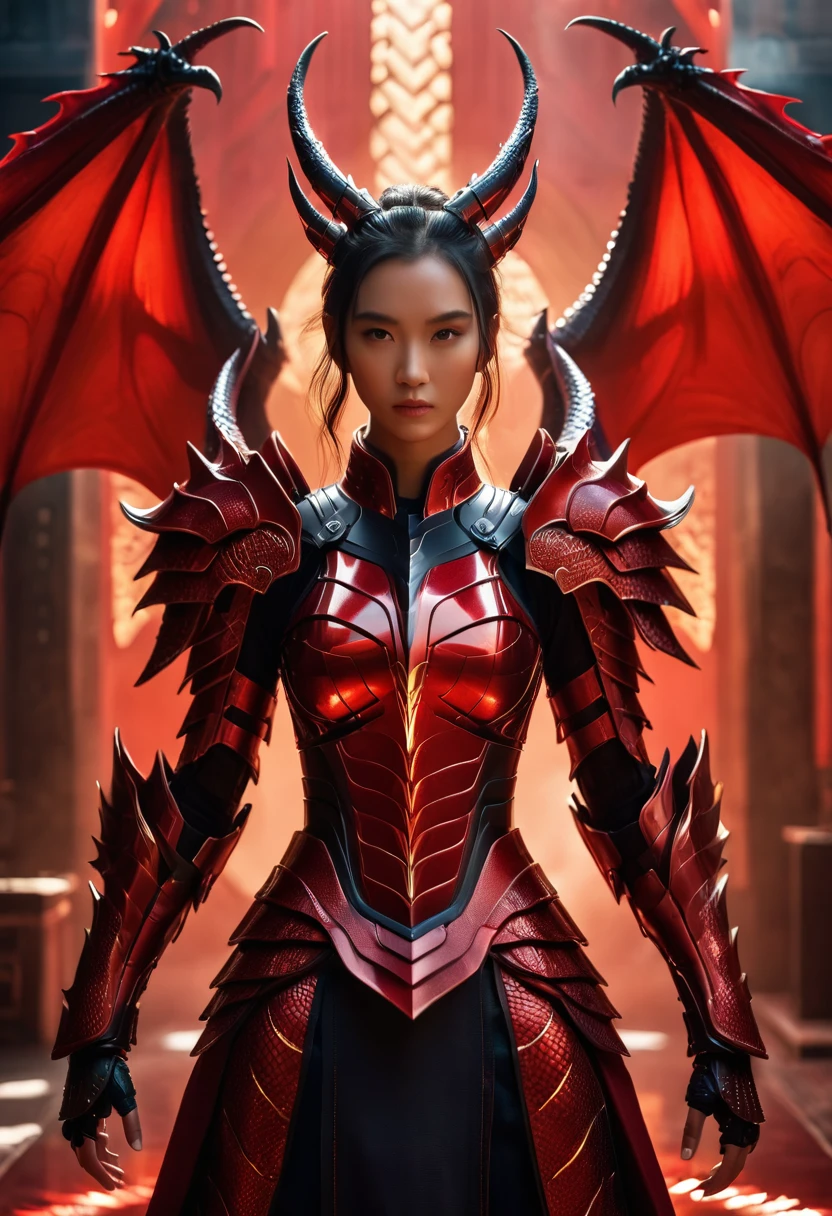 Cinematic, A fierce warrior woman stands before you, clad in a stunning red tech dragon armor is radiating tech energy . the armor is covering her whole body . The intricate armor is a mix of red and black, with bold red stripes that seem to pulsate with the dragon's magic. Her realistic appearance only adds to her awe-inspiring presence. Shot on a Sony Alpha A7 III camera with a Zeiss Batis lens at 85mm focal length and f/2.0 aperture, hyper realistic.xianxia