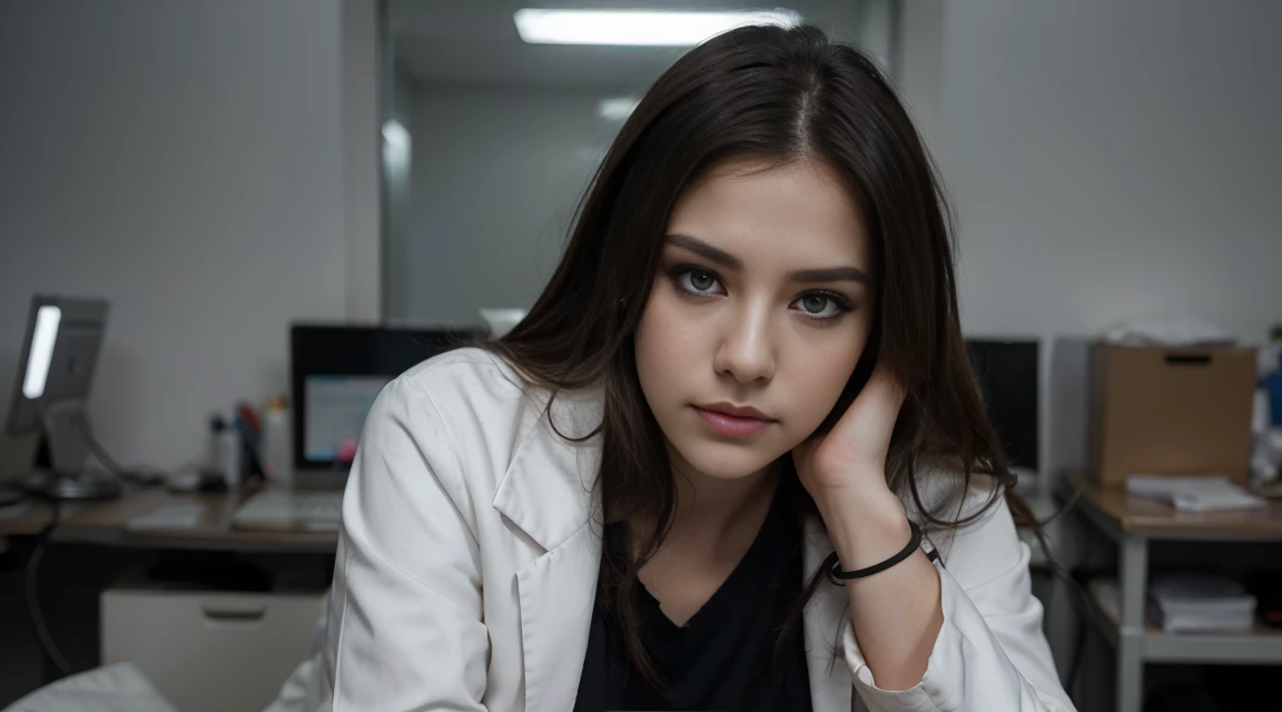 Beautiful female doctor in white coat, stethoscope around neck, full body, hospital examination white room, sitting cross-legged on office chair, thighs peeking out from white coat, black stockings, computer and keyboard on desk, (Excellent photograph, Best picture quality, High resolution: 1. 4), detail, extreme color, (Beautiful face) Ambient Soft Lighting, 4K, Bokeh, Background Blur, Depth of Field, Bokeh, Free Viewpoint, Photography, Attractive Young Woman, (Beautiful Face: 1.1), Narrow Eyes, Luscious Lips, (Smoky Eye Makeup: 0.85), (Moody Lighting: 1.2), Depth of Field, Bokeh, 4K, HDR.