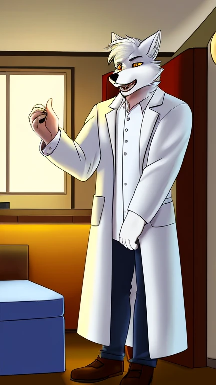 White fur, wolf, anthro,White coat,Crazy Home