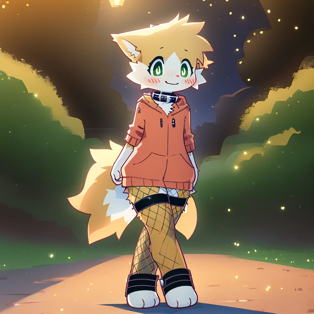 art by dagasi, (solo:1.5), Best Quality, Masterpiece, (Absurdres:), Detailed, Ultra-Detailed, Digital Art, correct anatomy, arms in correct position, full body, (high quality, high res, 4k:1.2), (kid:1.5), (small, youthful), rolo, furry, small, (kid female:1.3), fluffy, light orange fur, green cat eyes, (beautiful eyes), juicy thighs, flushed, embarrassed, small nervous smile, blushing, fluffy tail, eyelashes, slightly enjoying, walking through the park, on a very dark night, very dark, no light, only wearing fishnet stockings, (wearing fishnet sleeves:1.2), (red collar:1.2), (spiked collar:1.1)