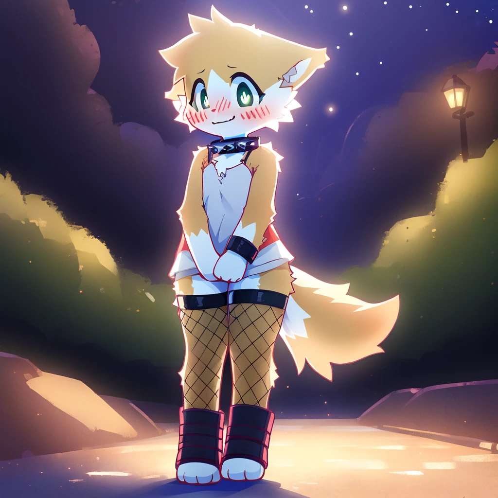 art by dagasi, (solo:1.5), Best Quality, Masterpiece, (Absurdres:), Detailed, Ultra-Detailed, Digital Art, correct anatomy, arms in correct position, full body, (high quality, high res, 4k:1.2), (kid:1.5), (small, youthful), rolo, furry, small, (kid female:1.3), fluffy, light orange fur, green cat eyes, (beautiful eyes), juicy thighs, flushed, embarrassed, small nervous smile, blushing, fluffy tail, eyelashes, slightly enjoying, walking through the park, on a very dark night, very dark, no light, only wearing fishnet stockings, (wearing fishnet sleeves:1.2), (red collar:1.2), (spiked collar:1.1)