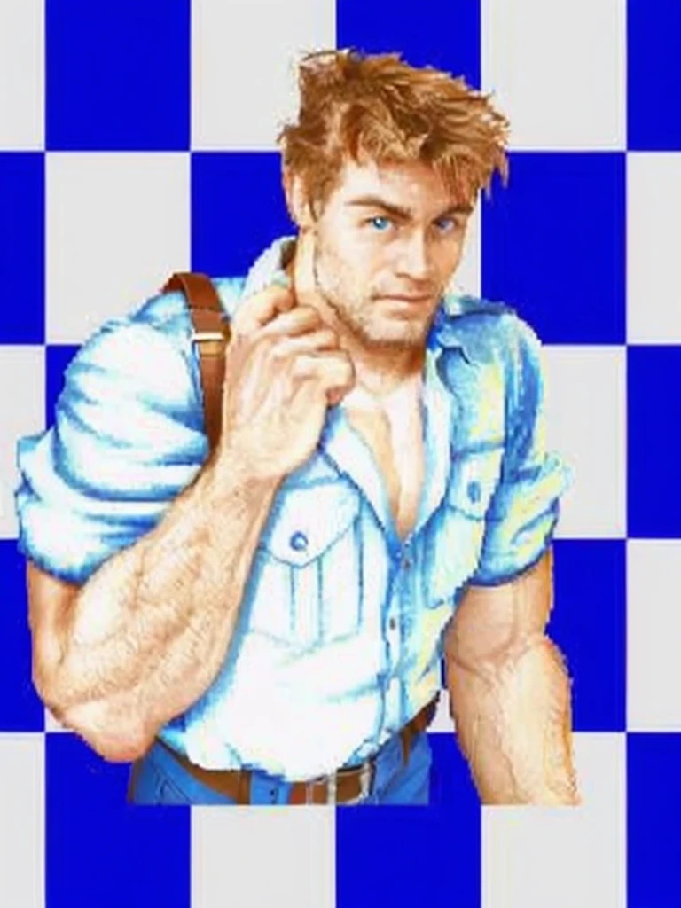 Man with brown hair , blue shirt,muscle