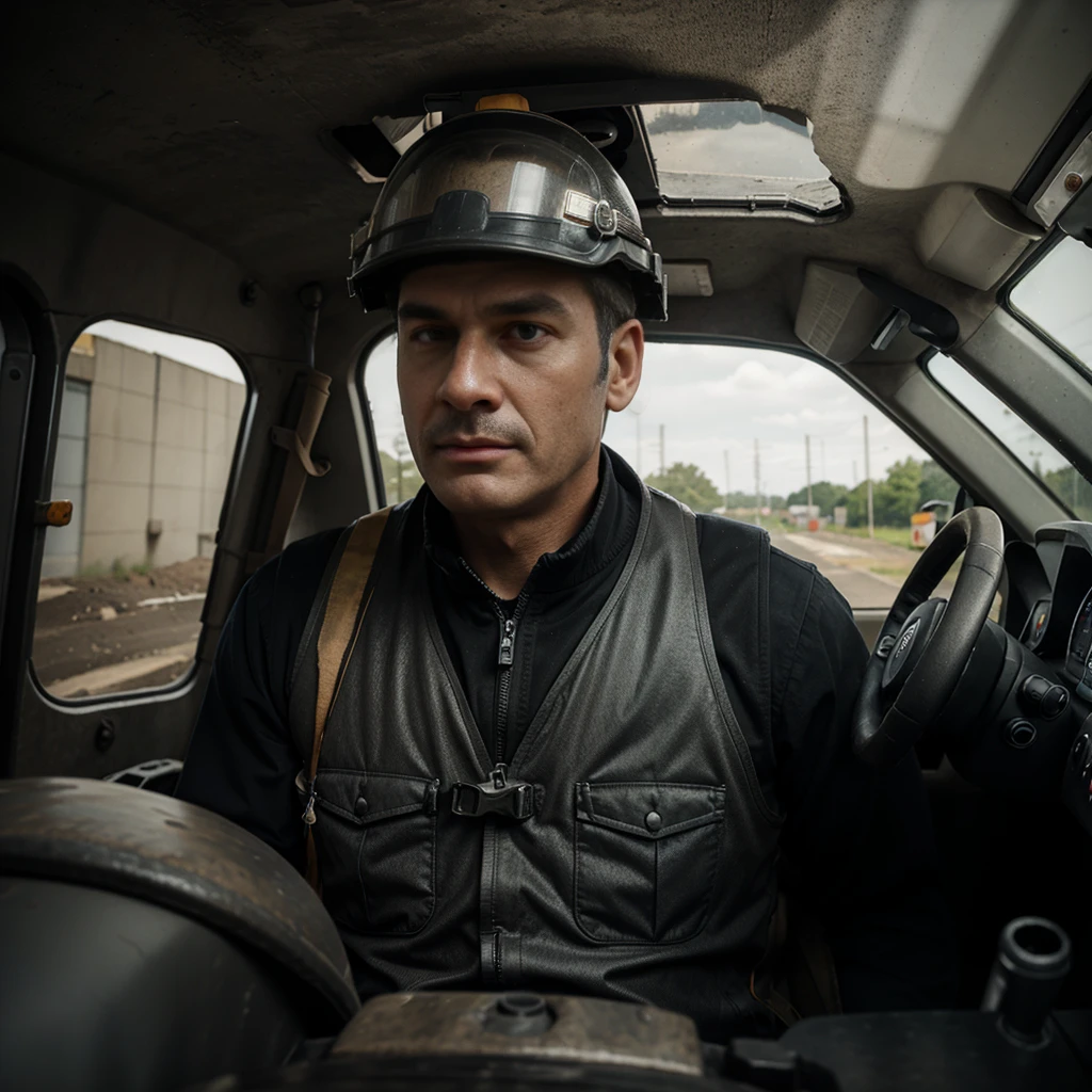 A man driving excavator, safety helmet, vest jacket, coal sites,