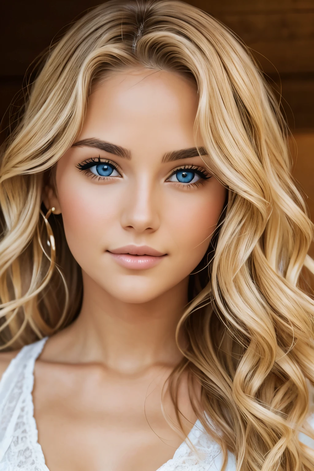 Beautiful woman with wavy blonde hair and hazel eyes.