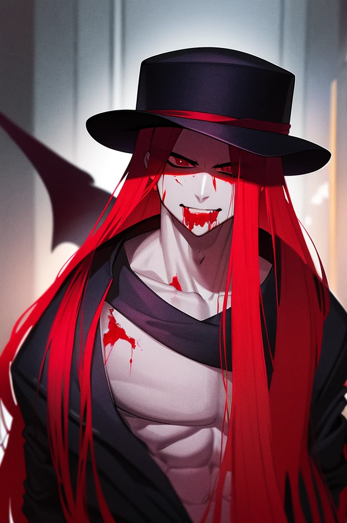 Blood God wearing a black fedora, ripped black shirt, long red hair, grey skin, crying blood, grave in background, full body