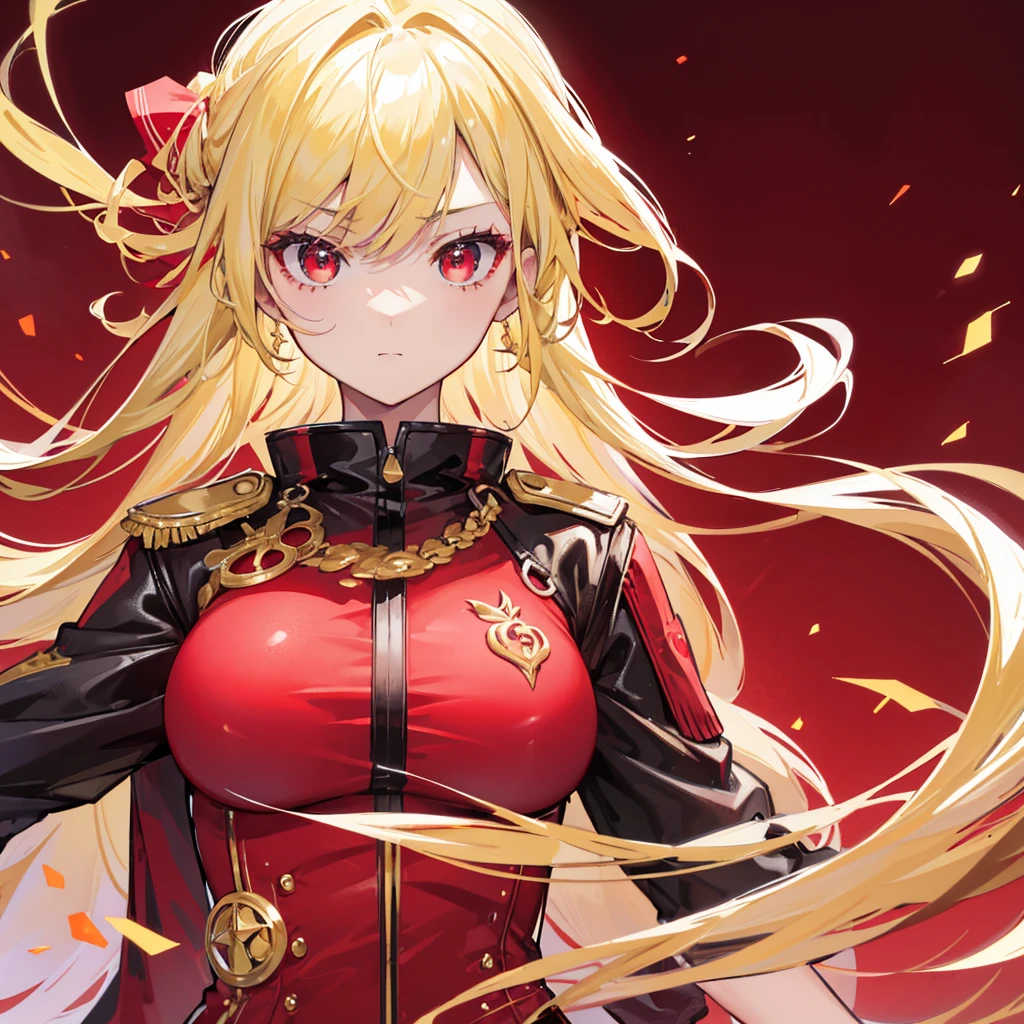 High quality, HD, 4k, Beautiful girl, teenager, blonde hair, gold hair, red eyes, serious, medium breast, red dress, black leather uniform, looking at viewer, upper body