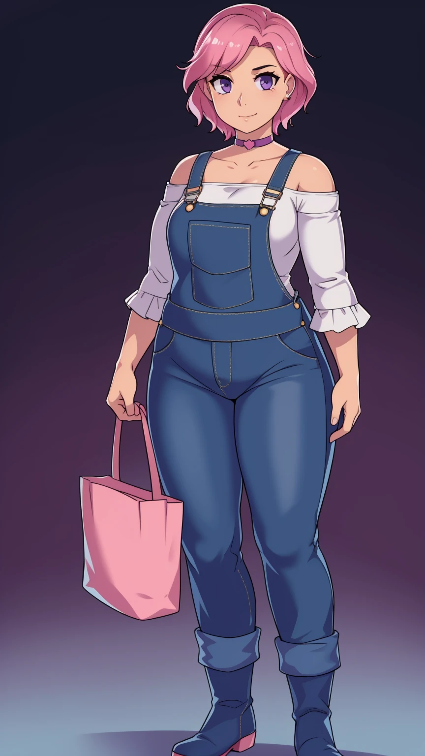 Full body, looking at viewer, 1girl, solo, short pink hair, (dark blue choker), (dark blue denim overalls), (purple eyes), (pink boots), (white shoulder lantern sleeve blouse, tucked in pants