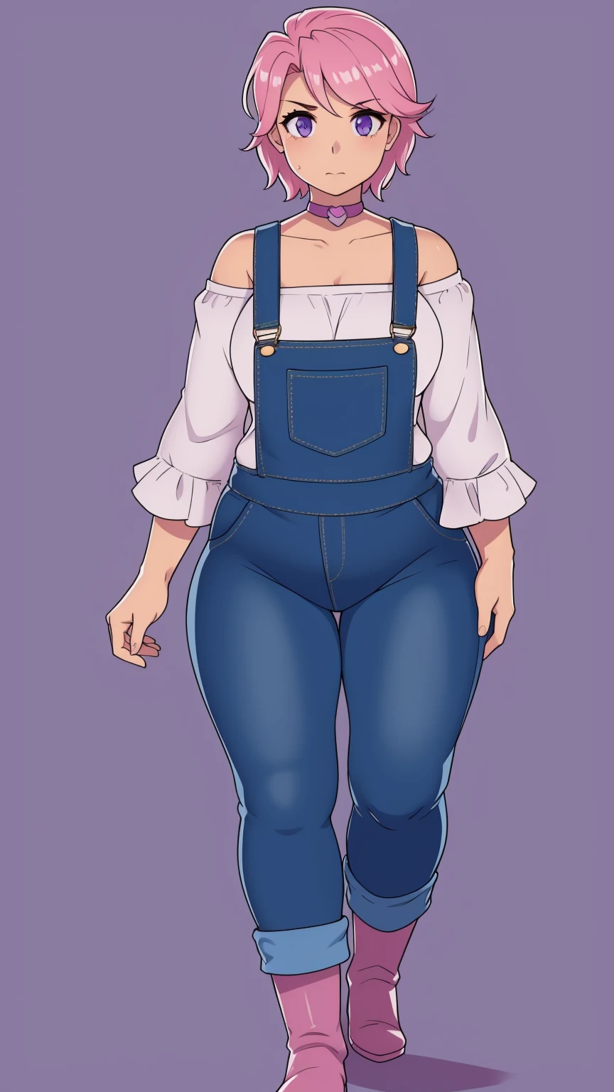 Full body, looking at viewer, 1girl, solo, short pink hair, (dark blue choker), (dark blue denim overalls), (purple eyes), (pink boots), (white shoulder lantern sleeve blouse, tucked in pants