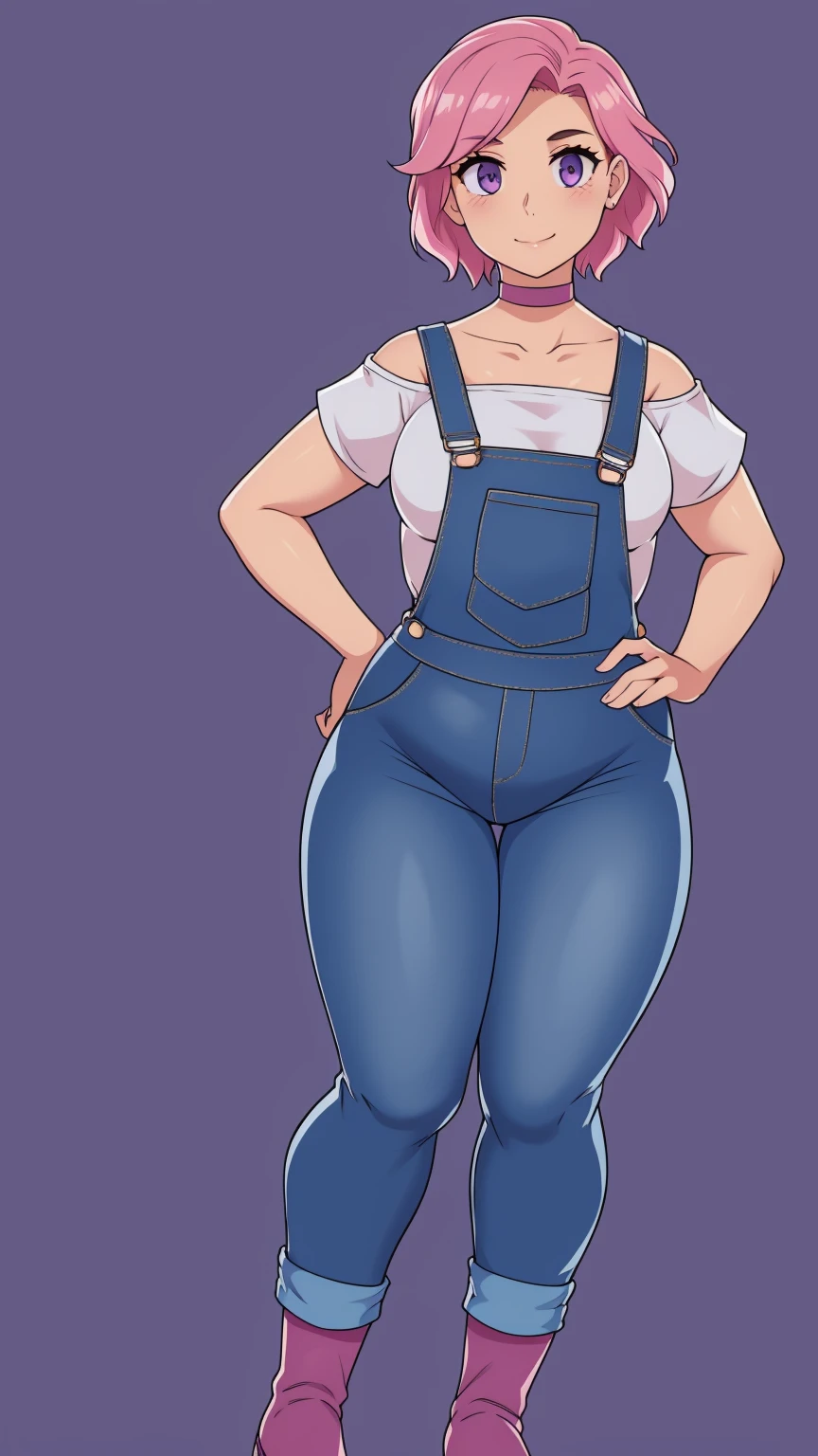 Full body, looking at viewer, 1girl, solo, short pink hair, (dark blue choker), (dark blue denim overalls), (purple eyes), (pink boots), (white shoulder lantern sleeve blouse, tucked in pants