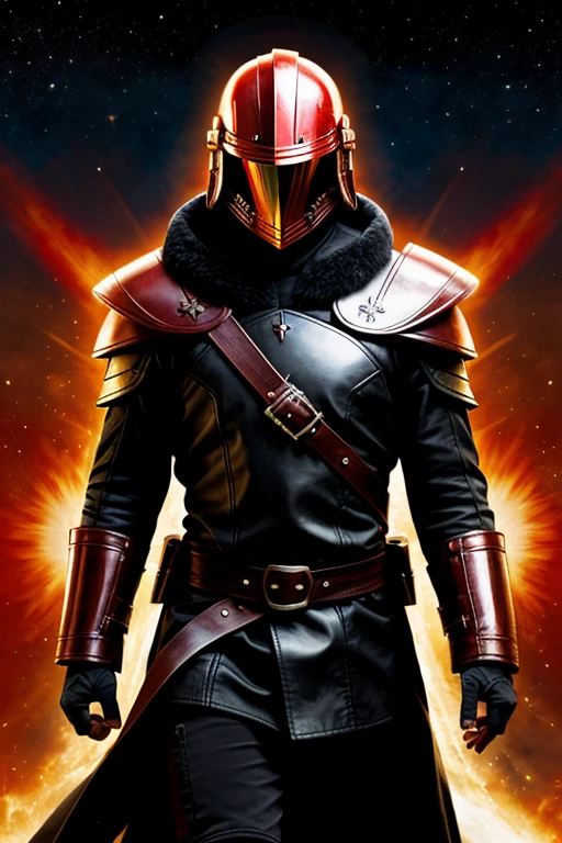 galactic warrior, Red Sword, anger, long leather coat, big sun, man, fleet admiral, fantasy, black hair, sight, a mask, beautiful helmet