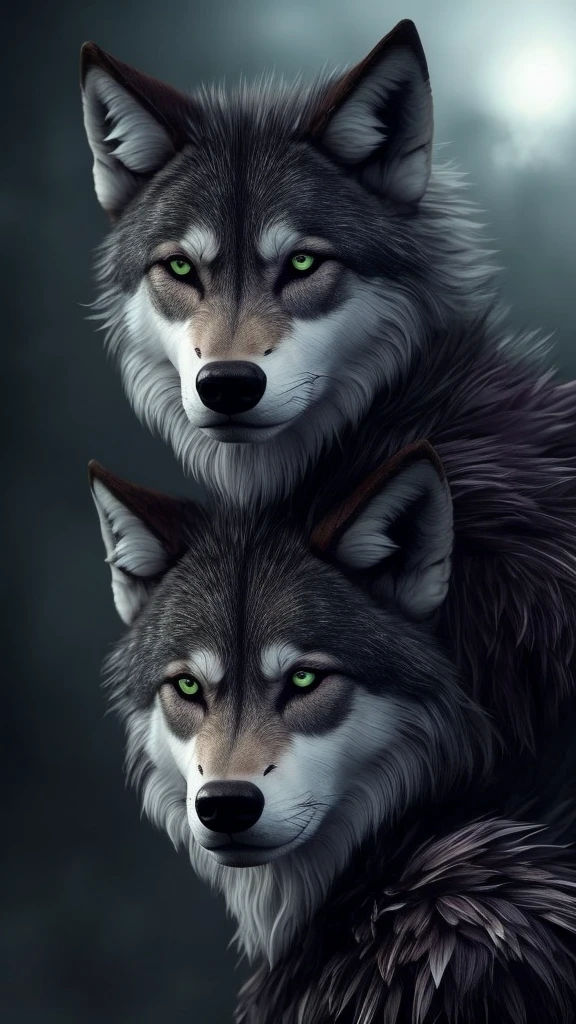 It generates a being that has one purple eye and one yellow eye and that is human but its eyes are bright and look like a wolf and it has small scales on its neck and forearms and it looks like a human ok and around it there are people dressed in black and ghosts that look like him but have different eye and skin and face colors 😃