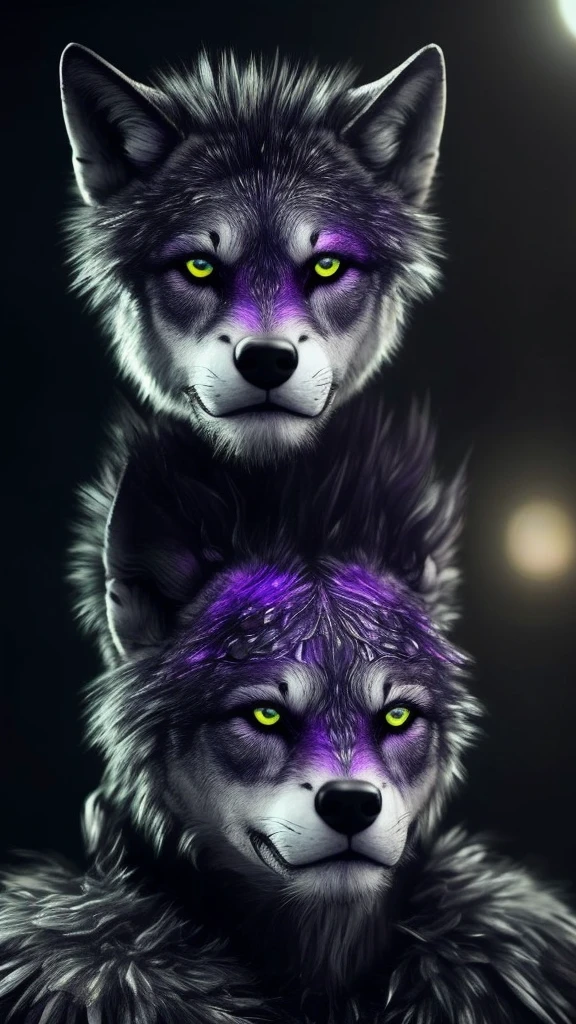 It generates a being that has one purple eye and one yellow eye and that is human but its eyes are bright and look like a wolf and it has small scales on its neck and forearms and it looks like a human ok and around it there are people dressed in black and ghosts that look like him but have different eye and skin and face colors 😃