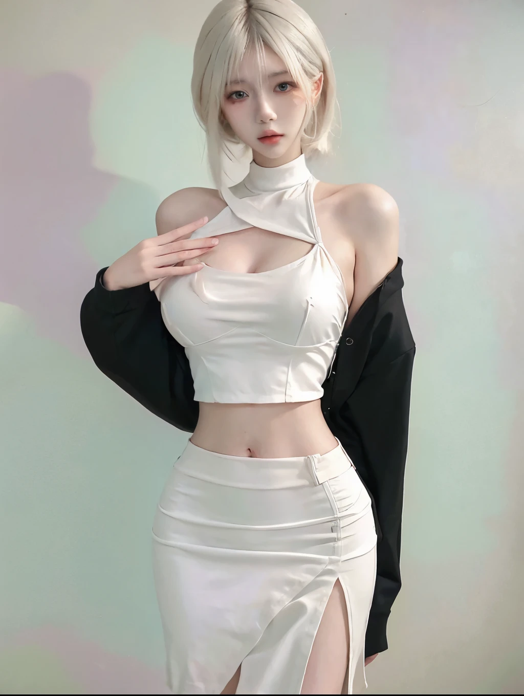 Beautiful woman with perfect figure：1.4，Layered hairstyle，White skin，Prominent cleavage，Bikini：1.5，Super short pleated skirt，whole body，Very delicate facial and skin texture，Double eyelids，Skin Whitening，Long white hair