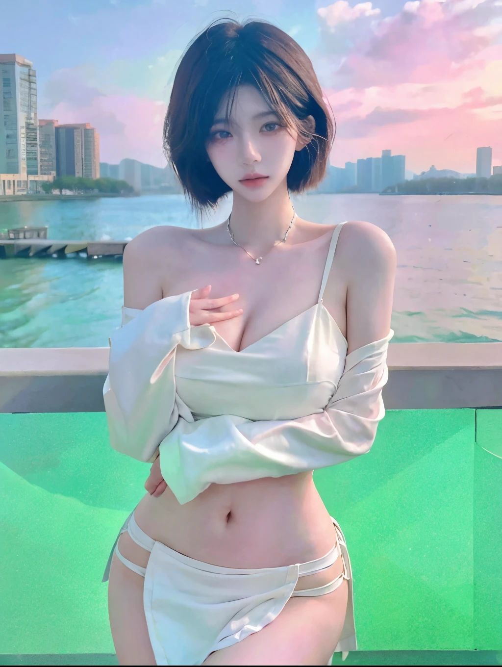 Beautiful woman with perfect figure:1.4,Layered hairstyle,White skin,Prominent cleavage,Bikini:1.5,Super short pleated skirt,whole body,Very delicate facial and skin texture,Double eyelids,Skin Whitening,Long white hair