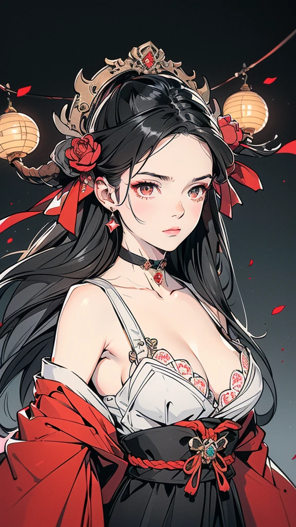 Seven Rhaeyar (Deylta), Ancient Star goddess, Perfect female anatomy (Royalty, Adult Female, 166cm in height, Cool pale skin, slim, slender, 34D breast size, Long Jet Black Hair, Gray Colored Iris , a set of Jet black colored horns on her head), Neutral facial expression, Elegant black uniform dress, female choker accessory with silver complimentary jewelry, dragon motifs, Black rope accessories, Simple Black Background, receiving light from the front, Slightly focusing on her face up close, Ethereal glow, Red Rose petals falling, Japanese inspired