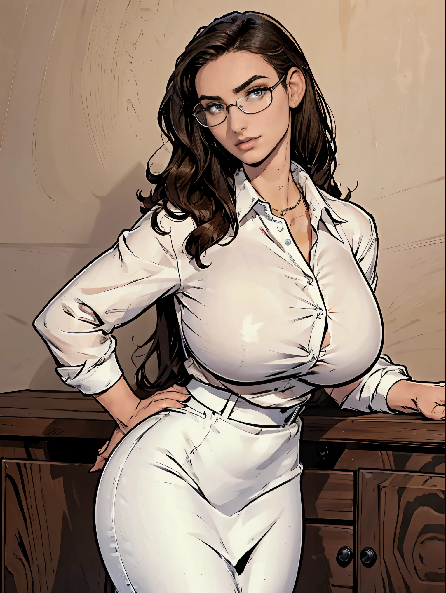 Gorgeous and sultry busty athletic (thin) brunette with sharp facial features and a (large nose) and (huge boobs) wearing a white blouse and black pencil skirt, glasses