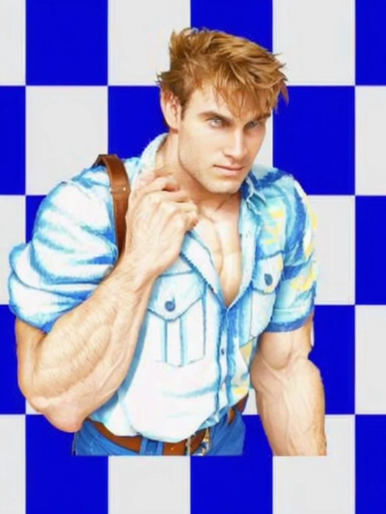 Man with brown hair , blue shirt,muscle