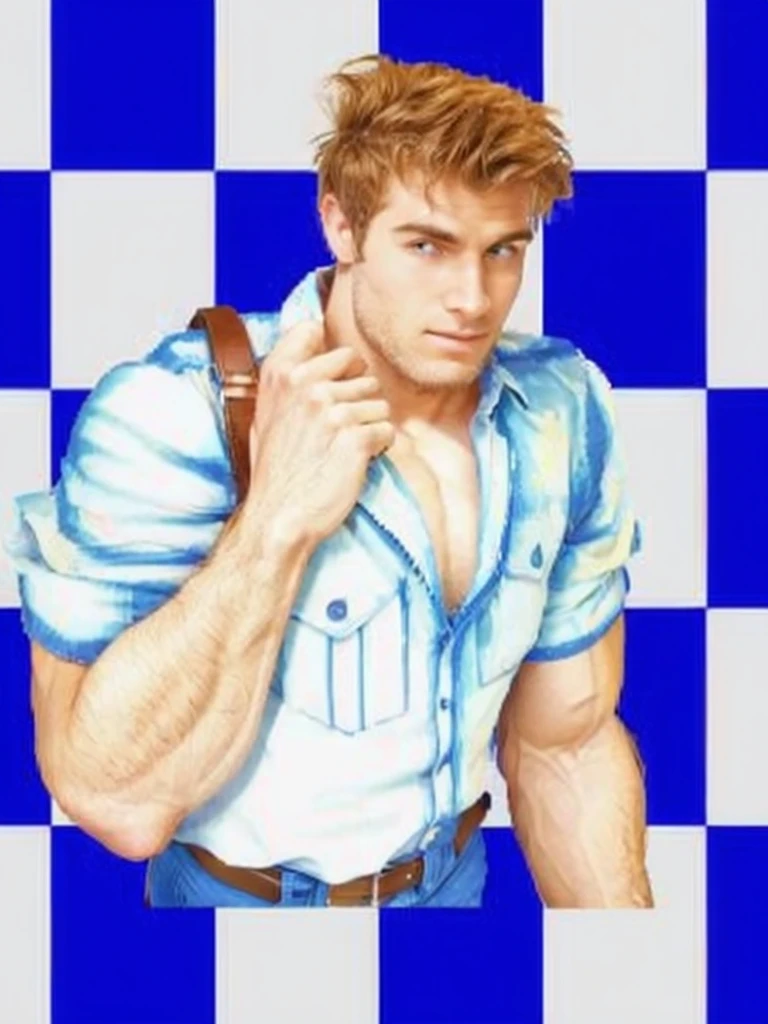 Man with brown hair , blue shirt,muscle