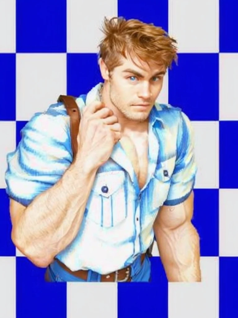 Man with brown hair , blue shirt,muscle