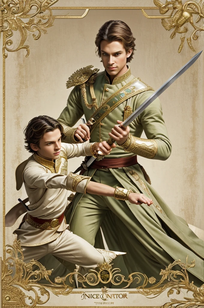 Realistic  modern or contemporary style art picture of sword duel between the nutcracker prince and the mouse king. Use warm tones of gold, sage green, blush, ivory and beige.