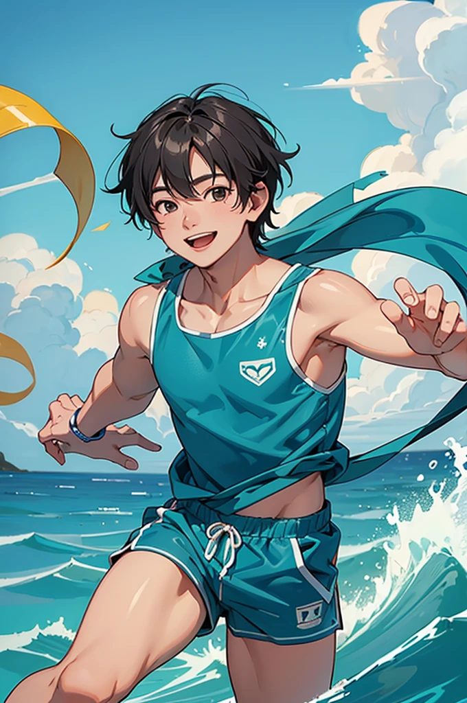 (Highest quality), (Super detailed), Beautiful Boy、Charm、Young Man、More than one person、Playing in the sea、Swim trunks、smile、Swim ring