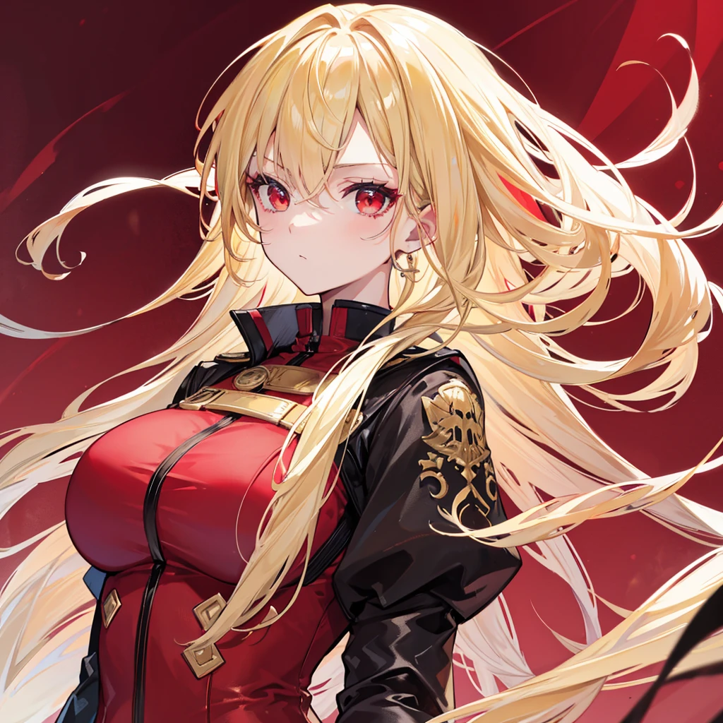 High quality, HD, 4k, Beautiful girl, mature, blonde hair, gold hair, red eyes, serious, medium breast, red dress, black leather uniform, looking at viewer, upper body