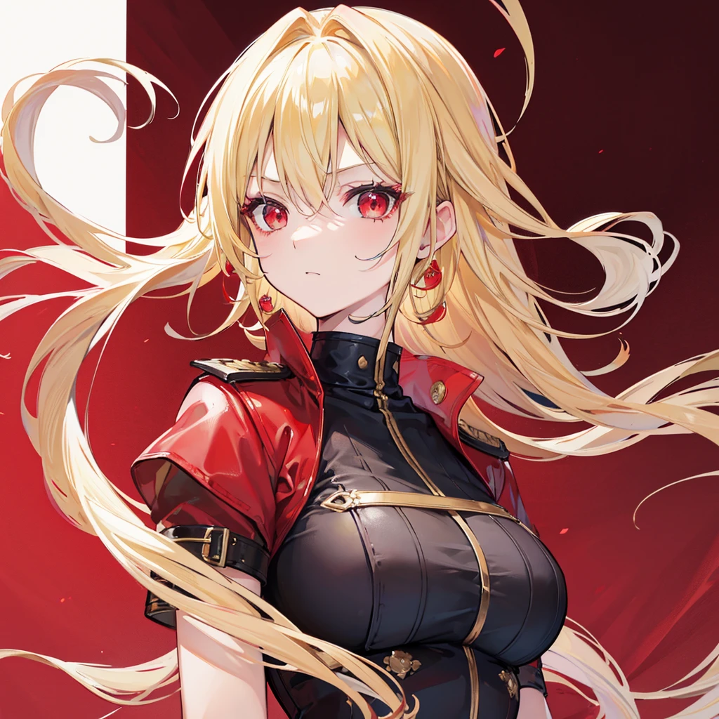 High quality, HD, 4k, Beautiful girl, mature, blonde hair, gold hair, red eyes, serious, medium breast, red dress, black leather uniform, looking at viewer, upper body