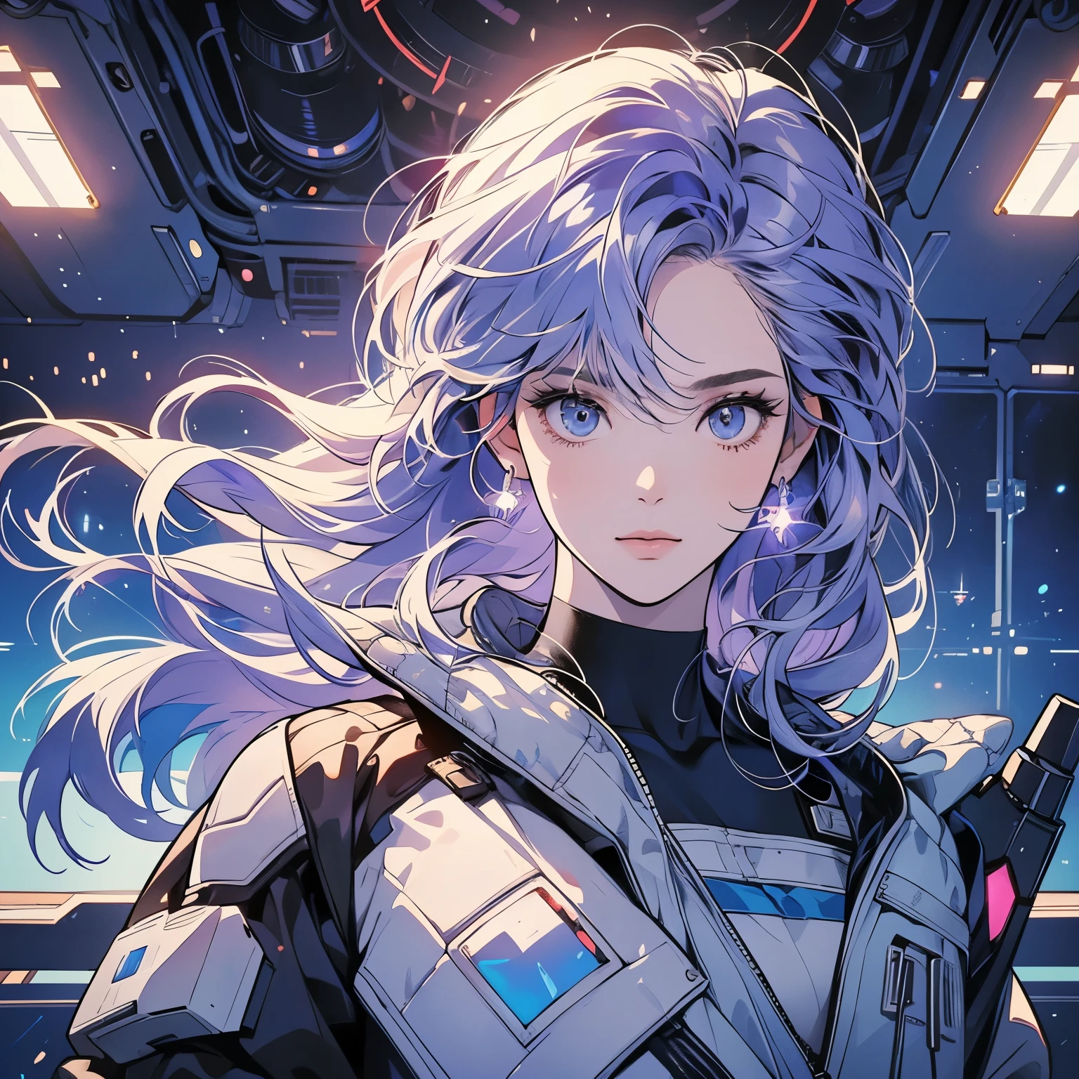 One beautiful woman, inside a spaceship, perfect machine, spacesuit, looking at camera, perfect face, zero gravity, outer space, lots of wires, switchboard, perfect and detailed machine, detailed hair, (((Various angles))), cockpit, upper body shot, most beautiful woman alive, head shot , Super detailed background, top quality, Unique and beautiful eyes, (((Various unique hairstyles))) Ghost in the Shell, Long shot, Panorama,(((Various hair color))), sparkling eyes,Outer space in the background, Unique and perfect face, Pale Lighting, shoot from above,Pale purple hair, flat chest