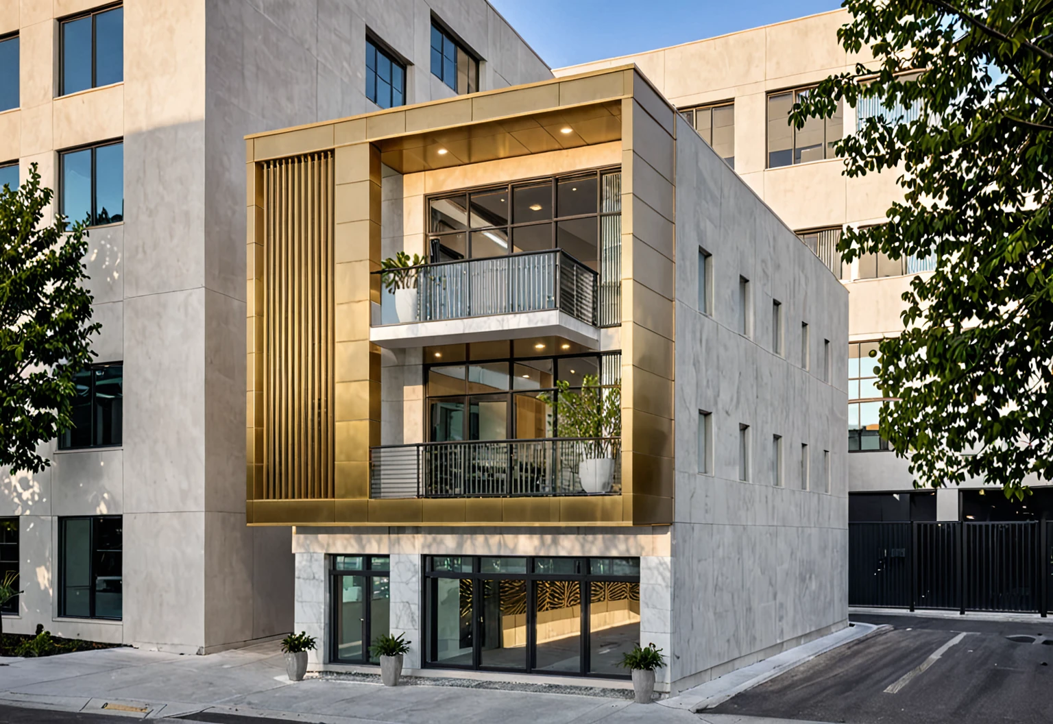 Raw photo,Masterpiece, high quality, best quality, authentic, super detail, modern style, aiaigroup,office building, decorative bars, decorative louvers, sun louvers, aluminum wall cladding, gold aluminum, glass railing,outdoors, tree, building, scenery, city, road, real world location, treet, window, balcony, glass railing, on the street, minimalist line, daylight, realistic