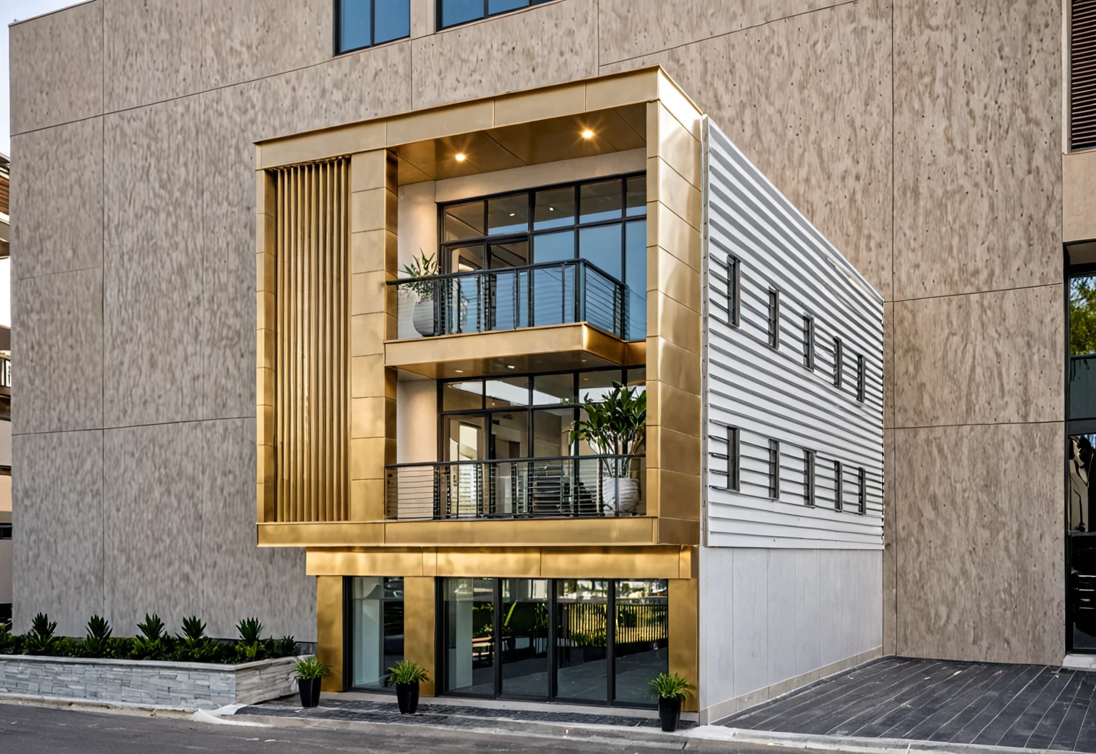 Raw photo,Masterpiece, high quality, best quality, authentic, super detail, modern style, aiaigroup,office building, decorative bars, decorative louvers, sun louvers, aluminum wall cladding, gold aluminum, glass railing,outdoors, tree, building, scenery, city, road, real world location, treet, window, balcony, glass railing, on the street, minimalist line, daylight, realistic