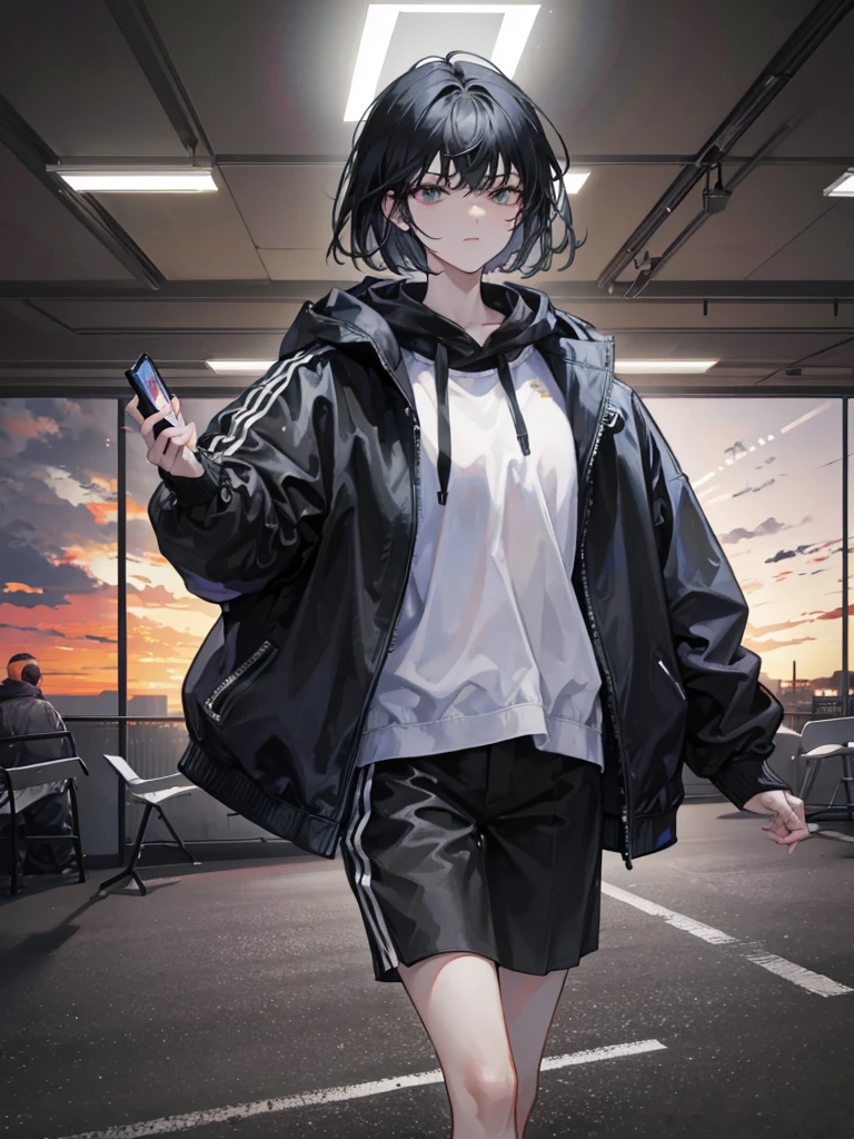 1girl, , short black hair, bangs, big hoodie, walking in autumn park, jet black eyes, holding cell phone, viewed from back, (best quality,8k,highres,masterpiece:1.2),depth of field,front lit,arrogant,flat,nonchalant,calm,cool,observe,thoughtful,lazy,HDR,UHD,studio lighting,physically-based rendering,vivid colors,portraits