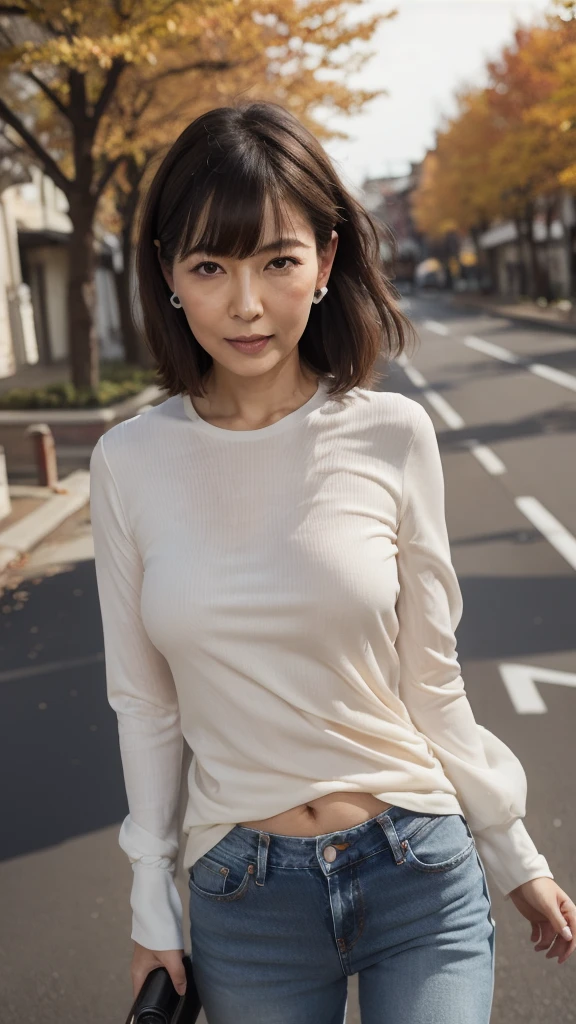 ((Highest quality)), ((8k)), ((masterpiece:1.3)), (Perfect look), (Photorealism:1.6), (TI, JMA), (Walking woman), (A Japanese MILF takes a shooting stance), (Japanese houses line both sides of the road), Blurred Background, ((Realistic skin texture)), (Fine wrinkles appear all over the skin), (Dull skin), (Unmoisturized skin) , (Facial wrinkles), (Wrinkles around the eyes), double eyelid, Lower eyelid tear trough, Serious look, Shooting Gaze, (Dimples), Red lips, (Short bangs), short hair, Long hair with curled ends, (Hair over the ears), A tense look, Soft fabric blouse, Wide sleeves, Slim jeans, High heels, Hair blowing in the wind, Small breasts, (Stretch out your arms in front of you and hold your gun), (whole body),