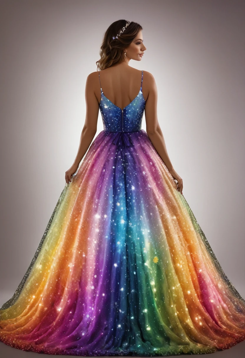 Sublime femme de 35ans heureuse portant une Robe de soirée faite d’une centaine de petit papillons multicolores