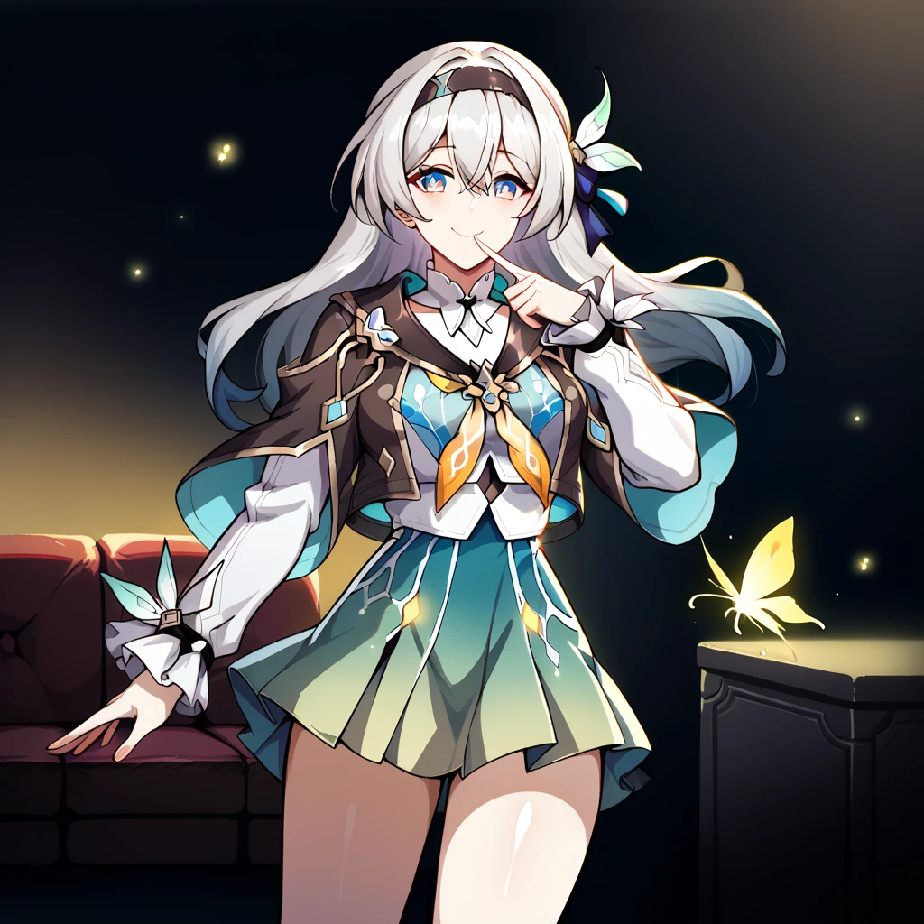 score_9, score_8_climb, score_7_climb, 1 girl, firefly \(Honkai: Star Rail\), alone, black thighs, headband, gradient skirt, hair accessories, Women's blouses, pleated neck, Crop Jacket, yellow neckerchief, stand, suffocate, smile, ecstasy, finger to mouth, arms behind, living room